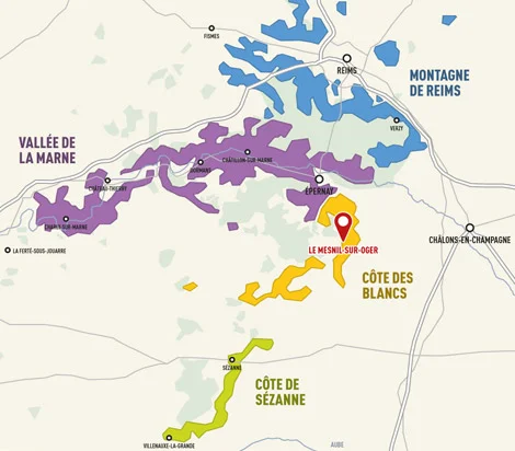 Pictured here in red is the famed Le Mesnil Vineyard. 