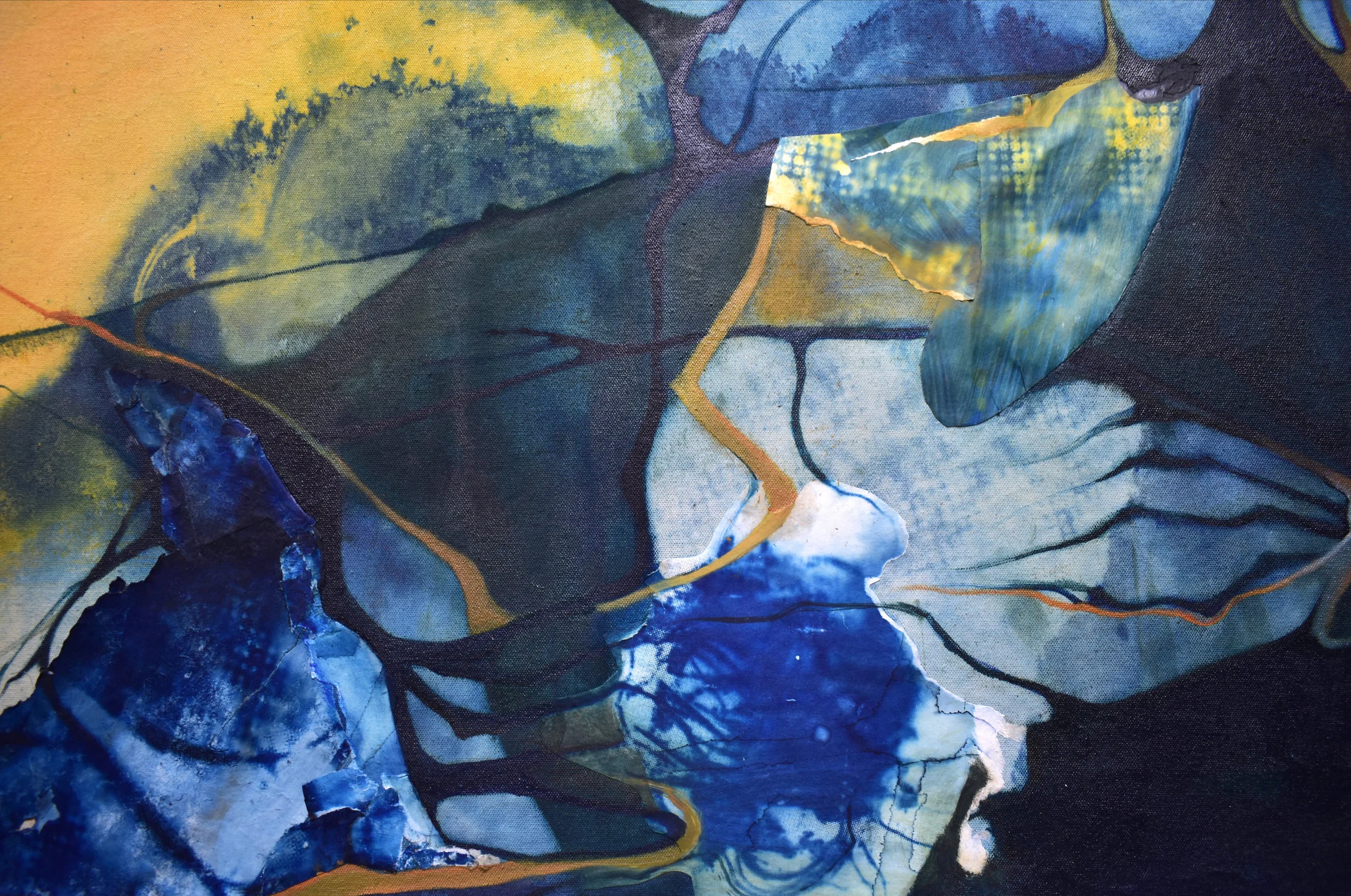 Details of Ondes, right : cyanotype of bioluminescent bacteria painting.printed on Japanese paper, then collaged into the composition.