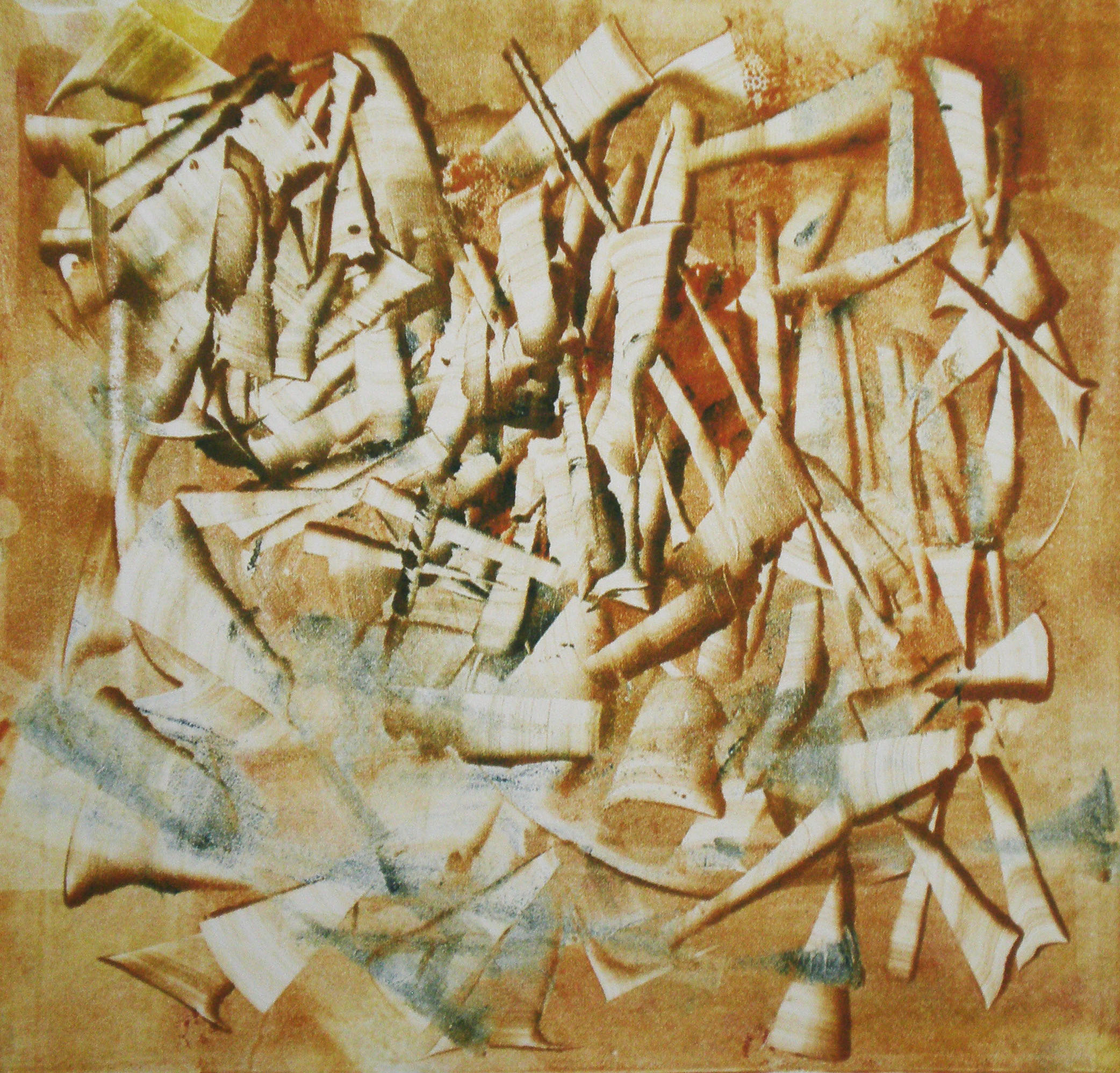 Nude descending a collapsing staircase, 2014, monotype, 12" x 12" (30cm x 30cm)