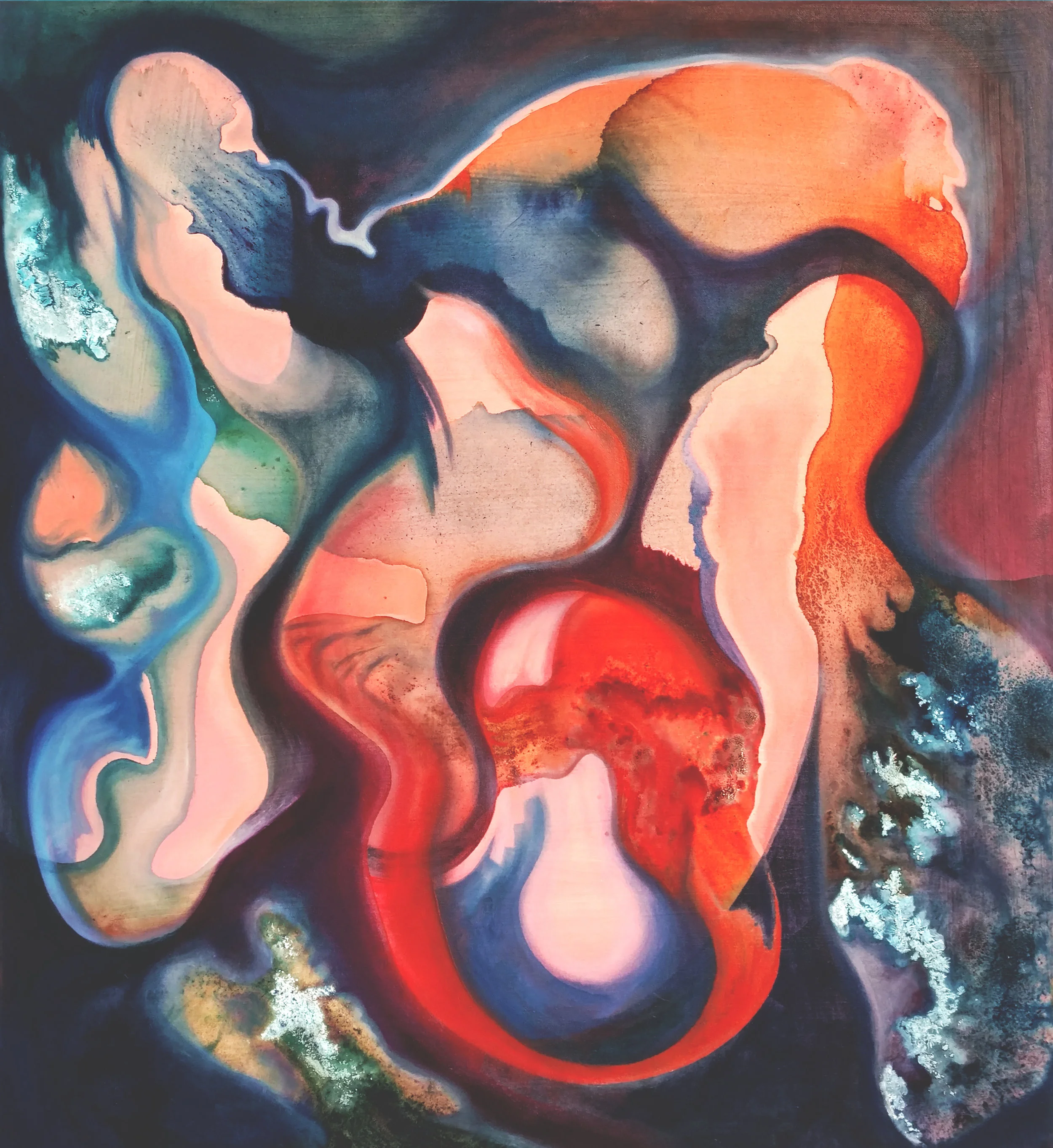 Flow/Coule, 2016, oil paint and sparkling wine on canvas, 88 x 97cm.