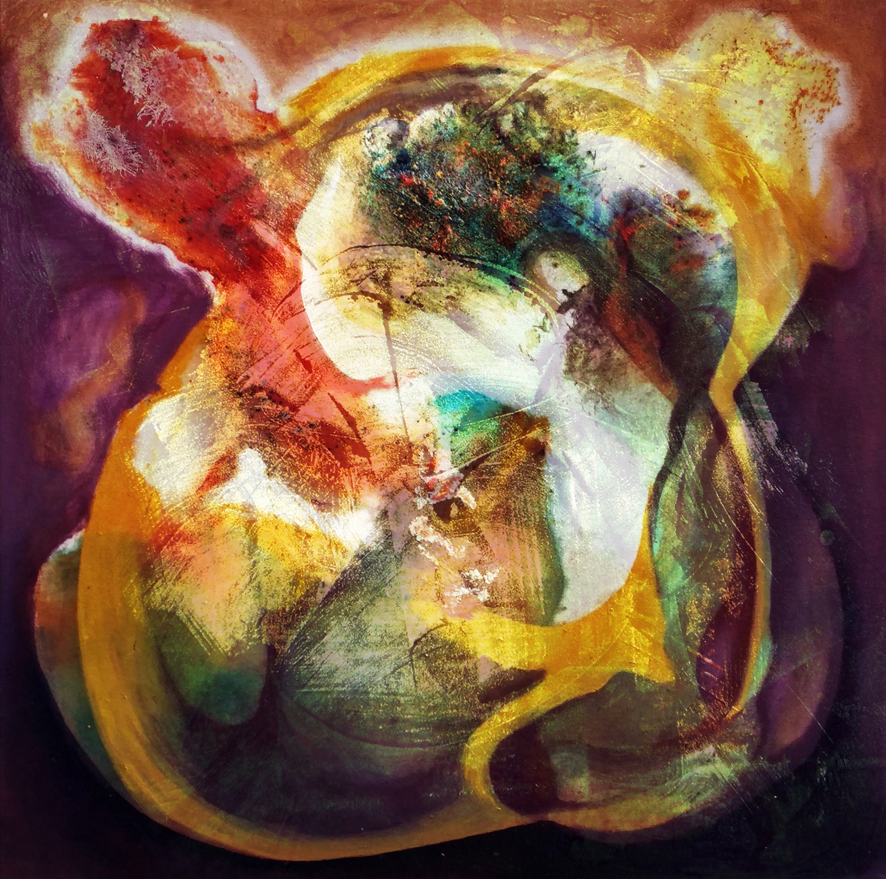 Plus de lieux, que des flux, 2016, digital print, oil paint and sparkling wine on canvas, 12” x 1@” (30cm x 30xm), published in the 2016 edition of Opium Philosophie artist-writer collaboration with Niklas Plätzler