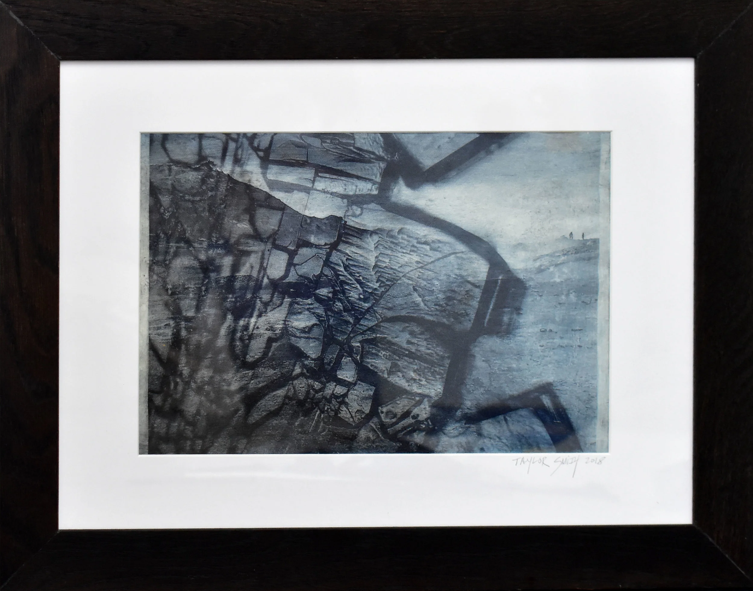 Study No. 8 (crystals and Icelandic landscapes), 2018. Photo-etching. Superposition of a microscopic photograph of polymer crystals crushed under glass (courtesy, chemist Bastiaan Buddingh’, PhD) and photograph of the geothermal landscapes of Myvatn, Iceland taken by me.