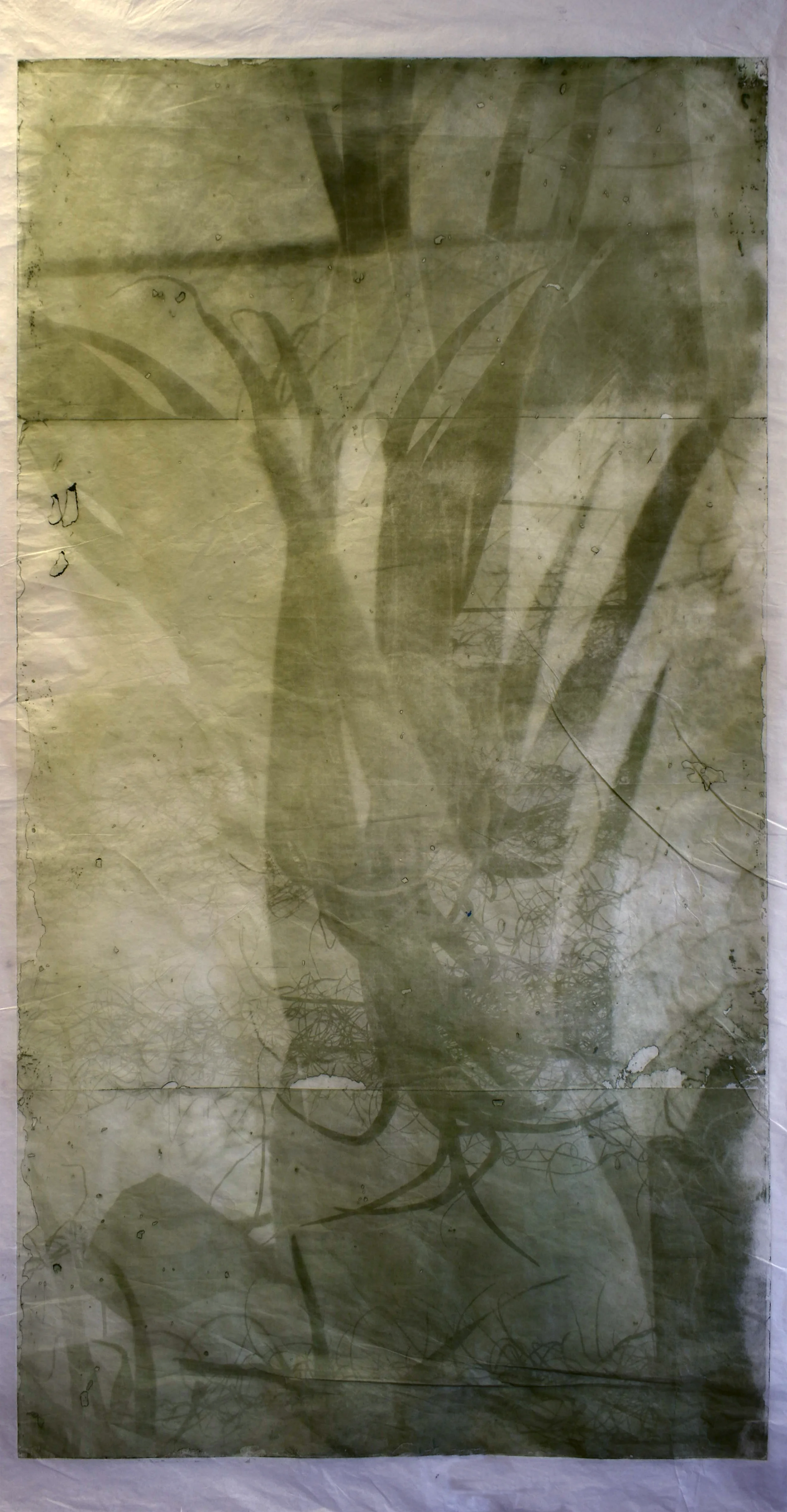Interlaced, No. 1 2019, series of 6 photopolymer prints on Korean semi-transparent long fiber paper, 74cm x 141cm each.
