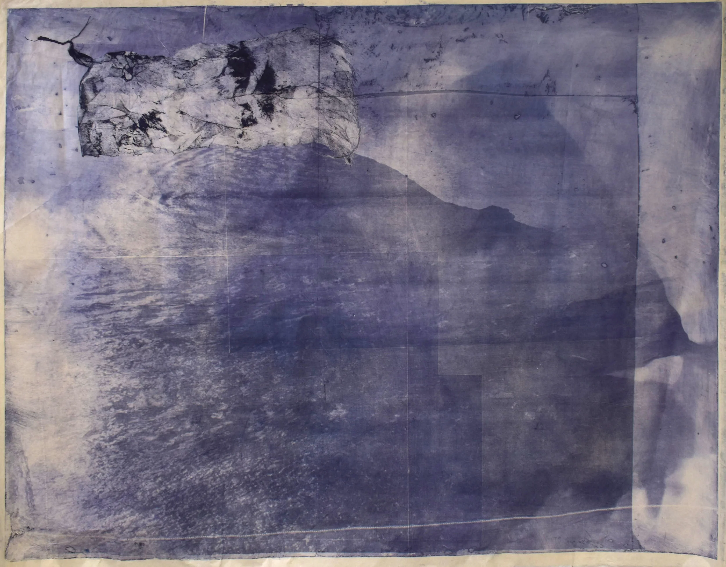 Over and Under (Whirlpool), No. 6, 2019, photoypolymer and chine-collé of tarlatan. Series of 9 photopolymer prints (from Prussian blue to orange oxide) printed on semi-transparent Thai paper. 137 x 109cm.. Superposition of 2 photographs taken by the artist: fumerole pits in Námafjall, Iceland and a whirlpool off the Cap Fréhel, France.