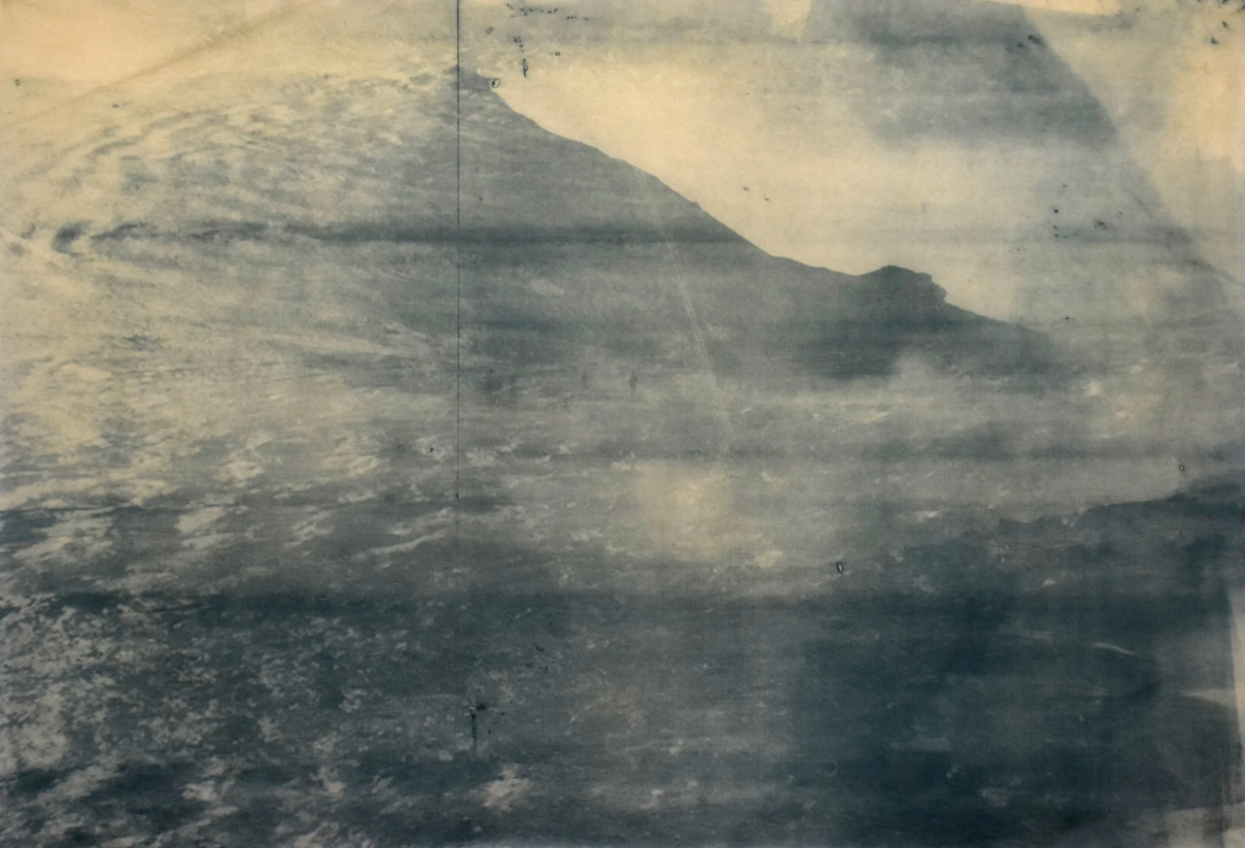 Over and Under (Whirlpool), No. 8, 2019. Series of 9 photopolymer prints (from Prussian blue to orange oxide) printed on semi-transparent banana paper, 75 x 55cm. Superposition of 2 photographs taken by the artist: fumerole pits in Námafjall, Iceland and a whirlpool off the Cap Fréhel, France.
