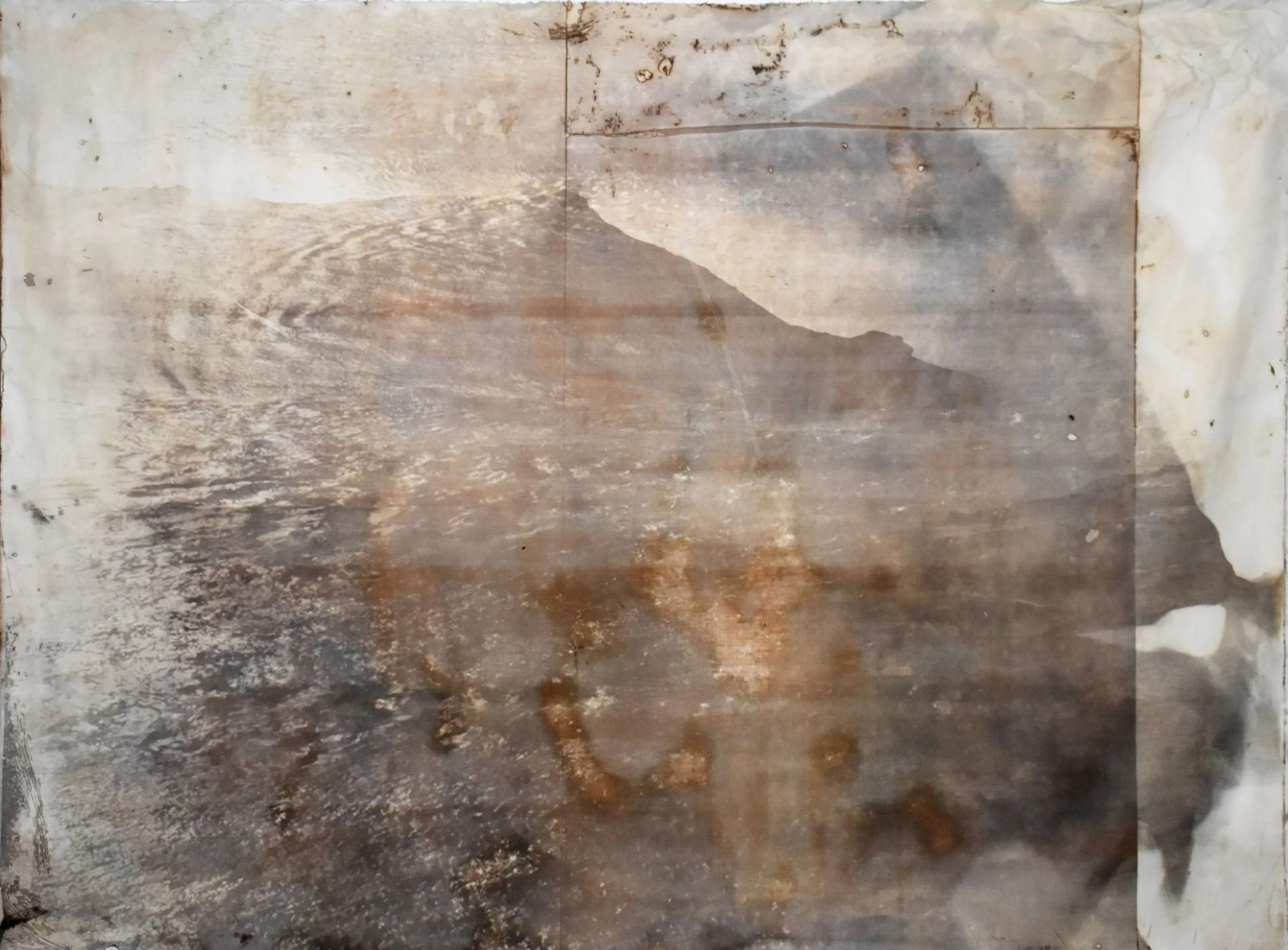 Over and Under (Whirlpool), No. 10, 2019. Series of 9 photopolymer prints (from Prussian blue to orange oxide) printed on semi-transparent Thai paper. 137 x 109cm.. Superposition of 2 photographs taken by the artist: fumerole pits in Námafjall, Iceland and a whirlpool off the Cap Fréhel, France.