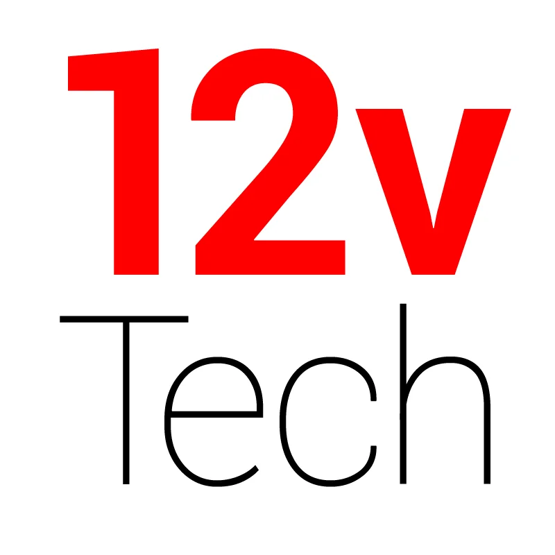 The image displays the text '12V' in large red font and the word 'Tech' in smaller black font beneath it, on a white background.