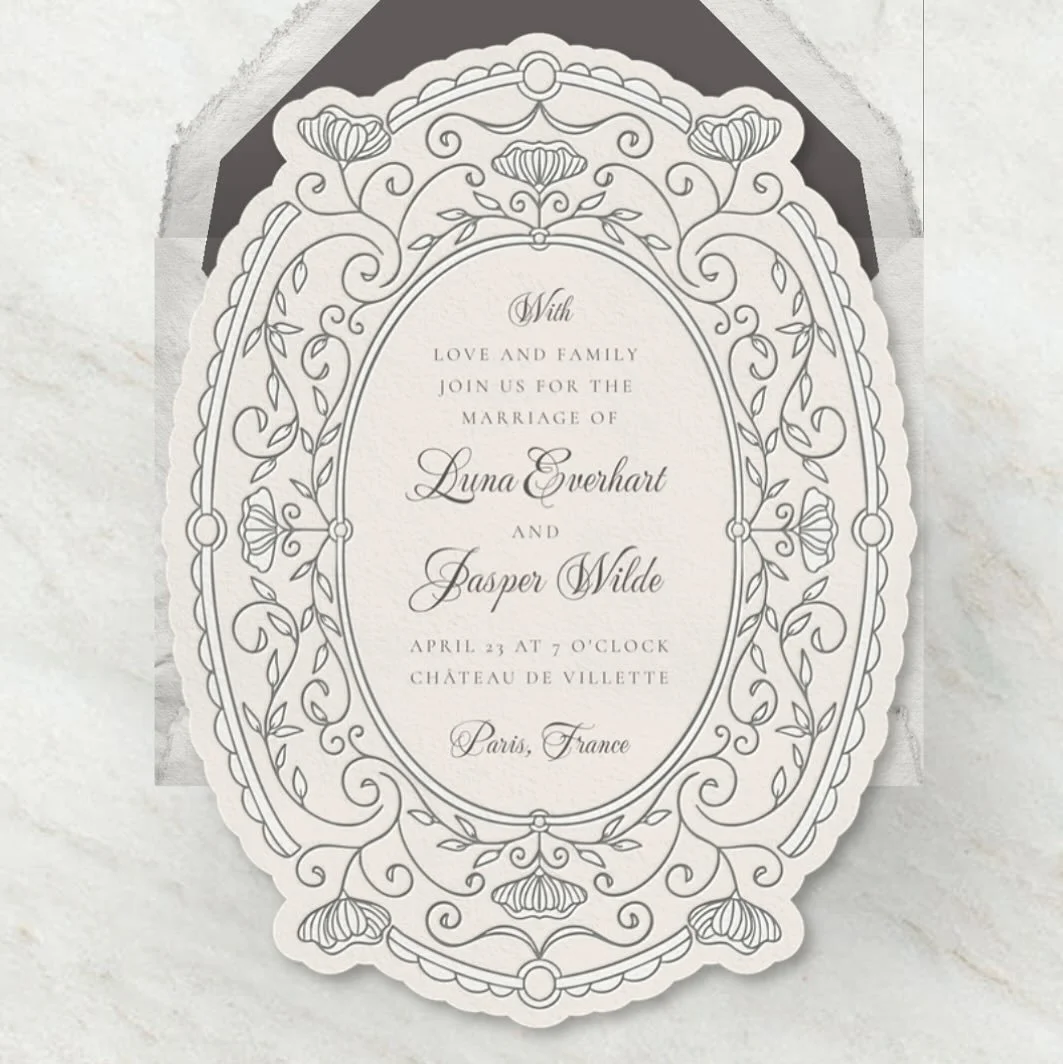 I&rsquo;m really happy with how this design came together for @greenvelope I aimed for something ornate and timeless, with a frame that has a brooch-like, letter-pressed feel. #gvwedding2025 #greenvelope #greenvelopedesigner