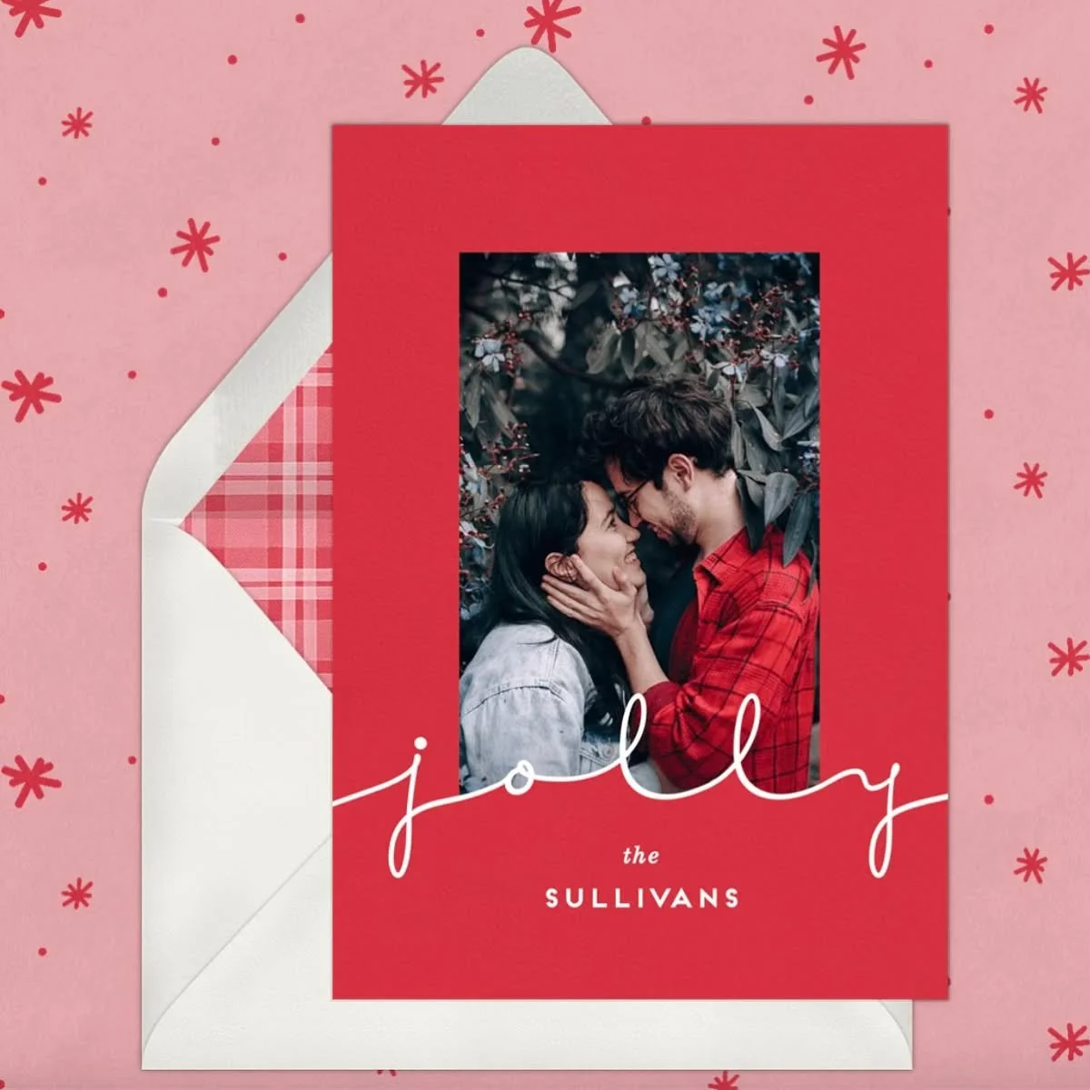 Excited to share my latest design for @greenvelope ! Featuring a playful script ribbon &ldquo;jolly&rdquo; this design comes in six vibrant colors.

#gvholidaycomp2024 #greenvelopedesigner #greenvelope