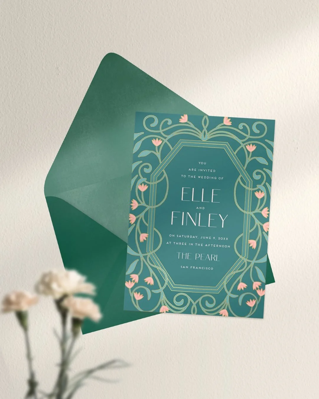 This is my favorite design for @greenvelope . Drawing all the flowing curves was like solving a puzzle. I love all the color ways but I&rsquo;ve posted my two favorites. 
#etherealandromantic #gvweddingcomp2026