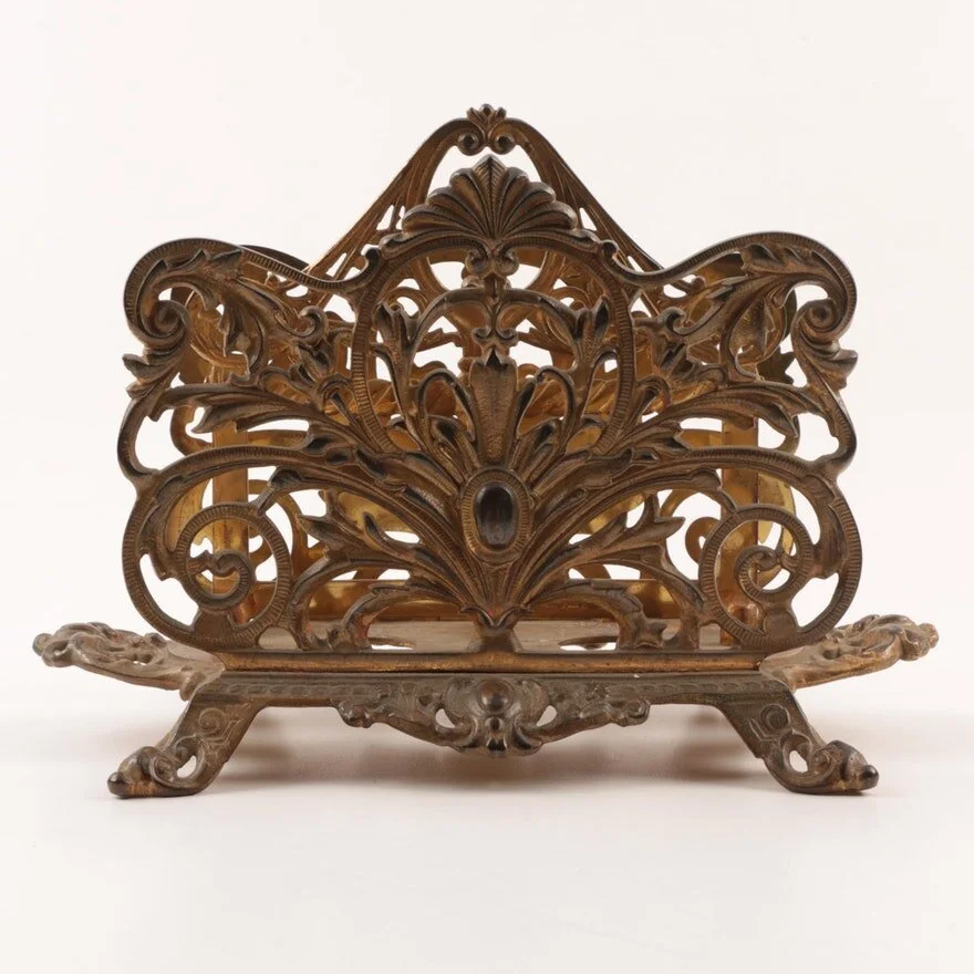 $18519th Century gilt cast metal letter rack by Bradley & Hubbard9” length x 6” depth x 6” height