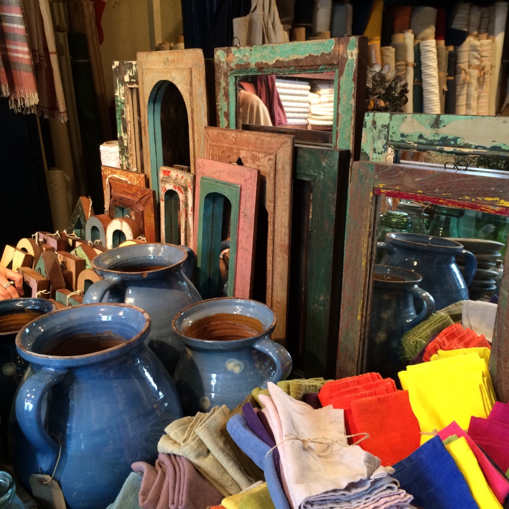 Rustic Linens sit beside earthen ware pots