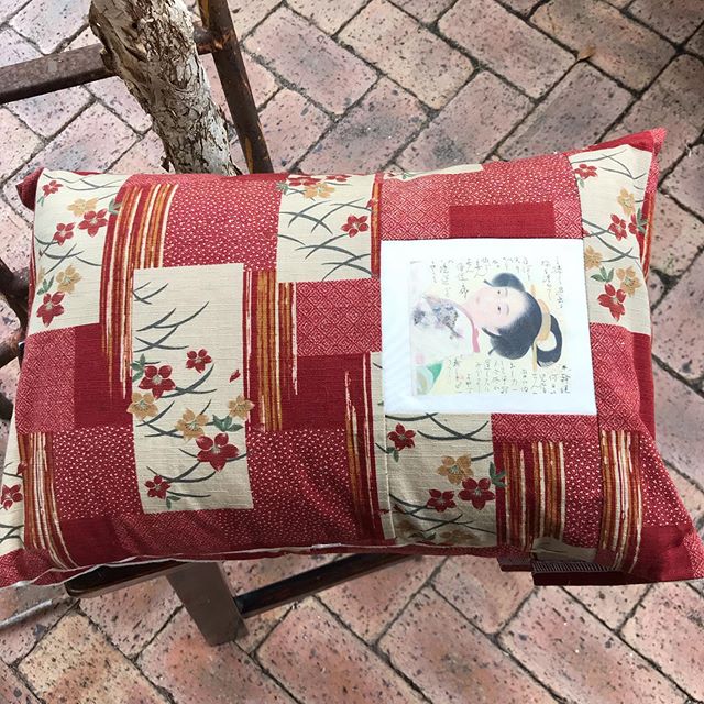 Rust coloured Japanese fabric with individually painted portraits of unknown Japanese women made into these small delightful cushions ..DM if interested &amp; details on my website...#Japanesefabriccushions#uniqueJapanesefabricpaintedportraits#limite