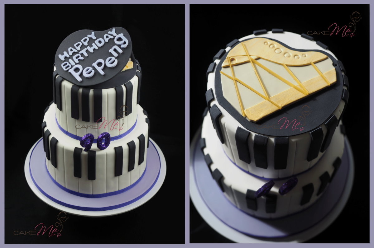 The piano-themed cake for a grandmother who is affectionately known as "Pepeng", and the top of the piano with the lid off. 