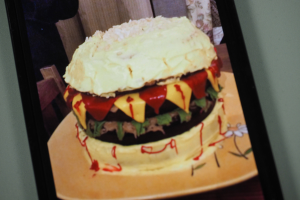 A photo taken of the incredible hamburger cake hat an eight year old student created (photo courtesy of the child's mum)
