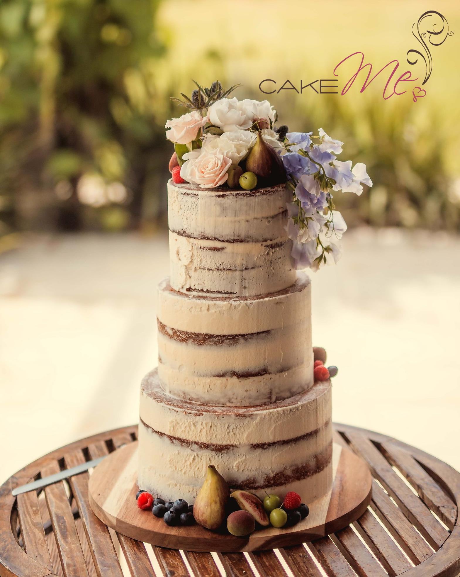 Joy and Warren's semi naked cake, adorned with gorgeous blooms and hand selected fruit. 