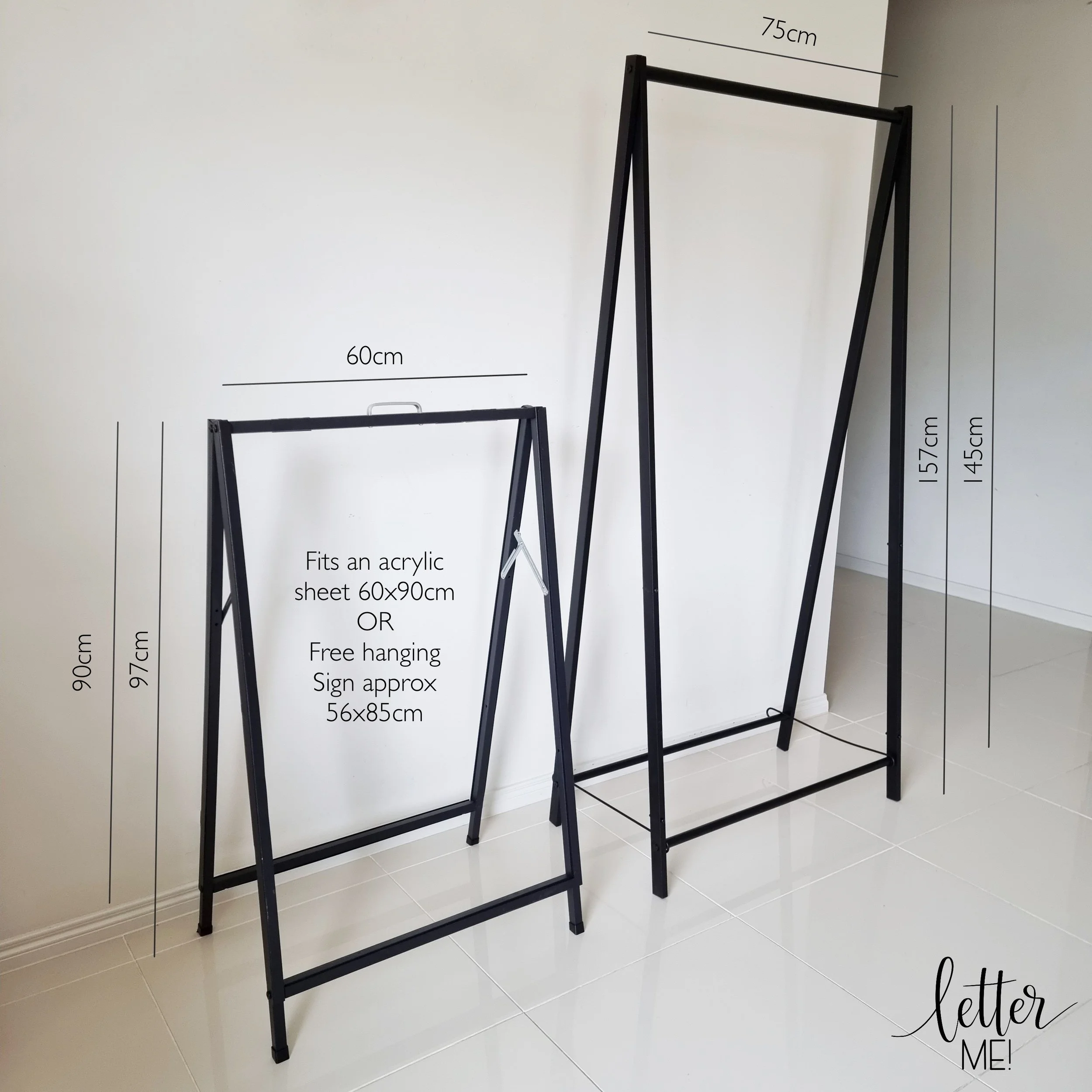 Black signage frames for hire — Letter Me!