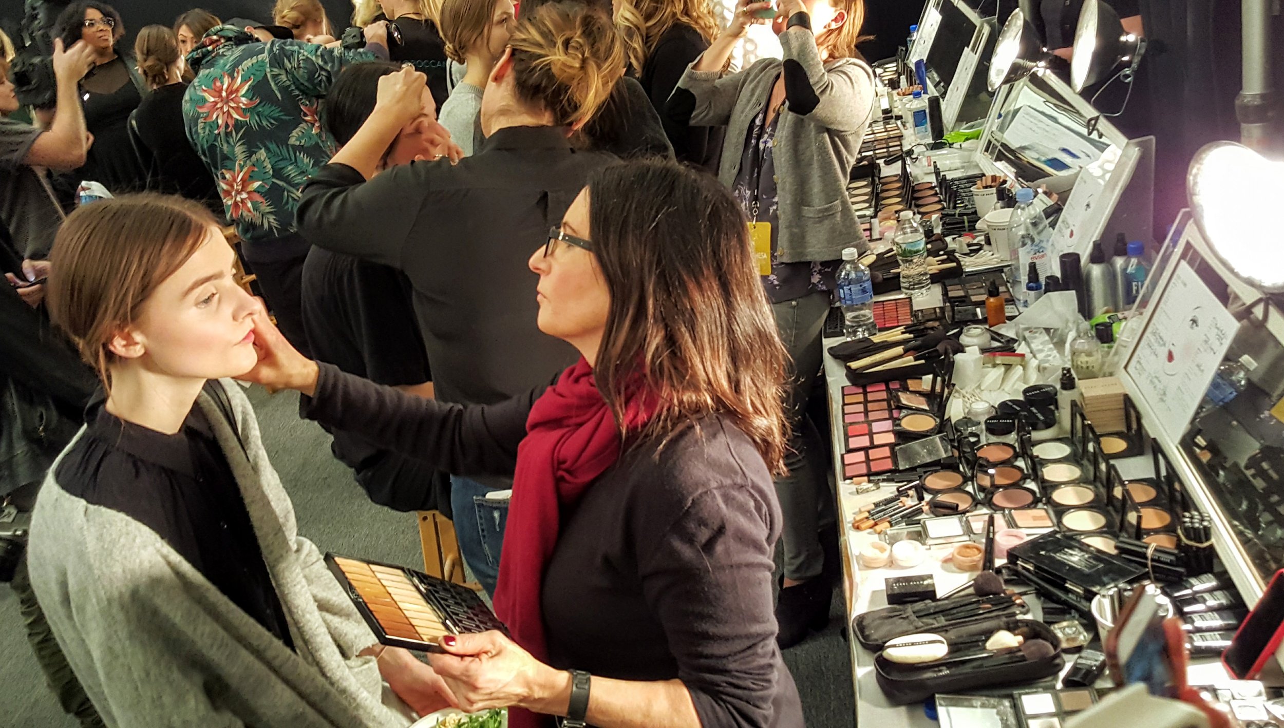 Ms. Brown, applying the very soft make-up look on one of the Marchesa models - so exciting!