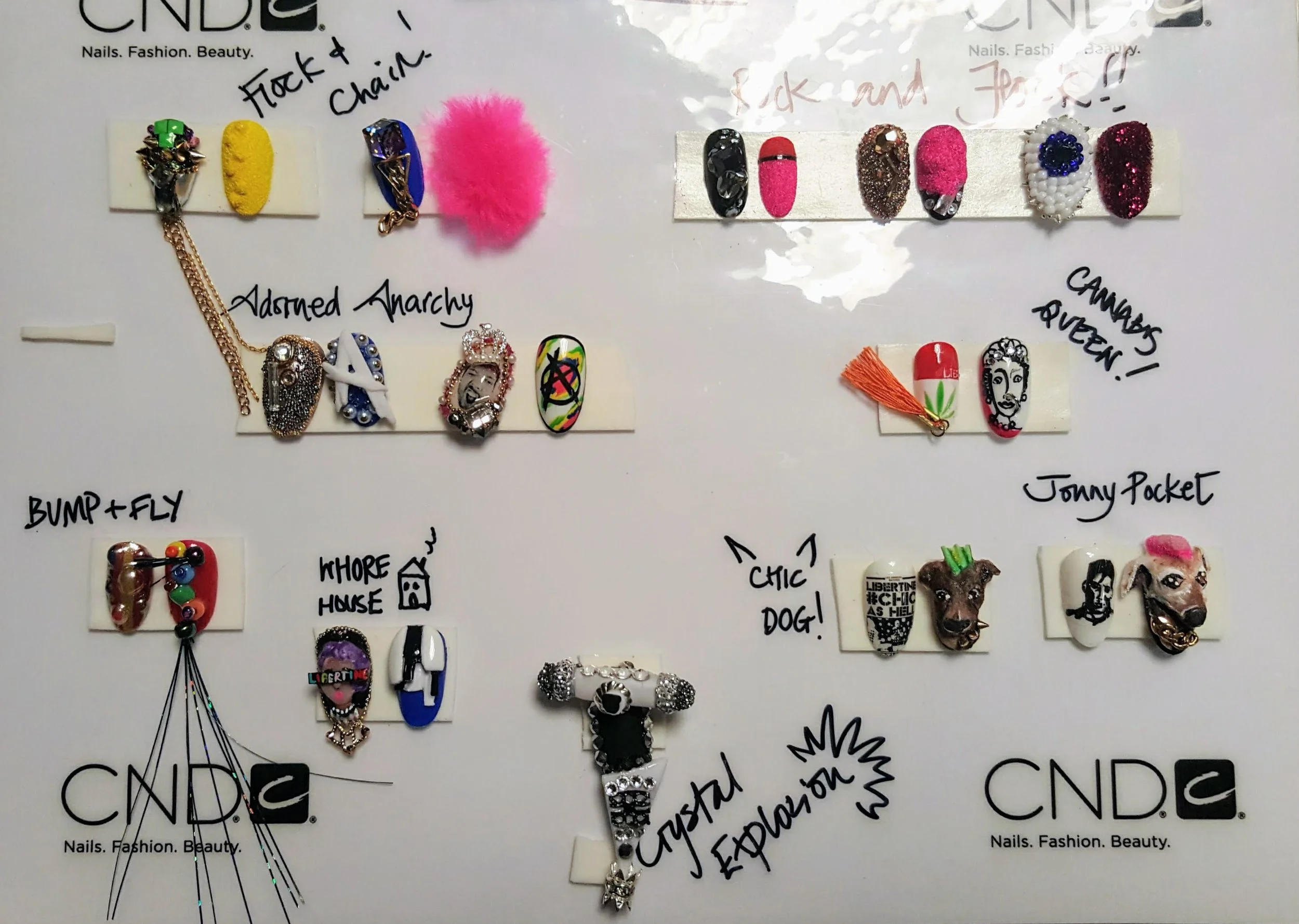 Dream nails, all hand-painted and sculpted. Incredible talent. The titles for each combination is hilarious, too. The topmost left are my favorite "split style" mani combo (like Jan) - which would you choose?