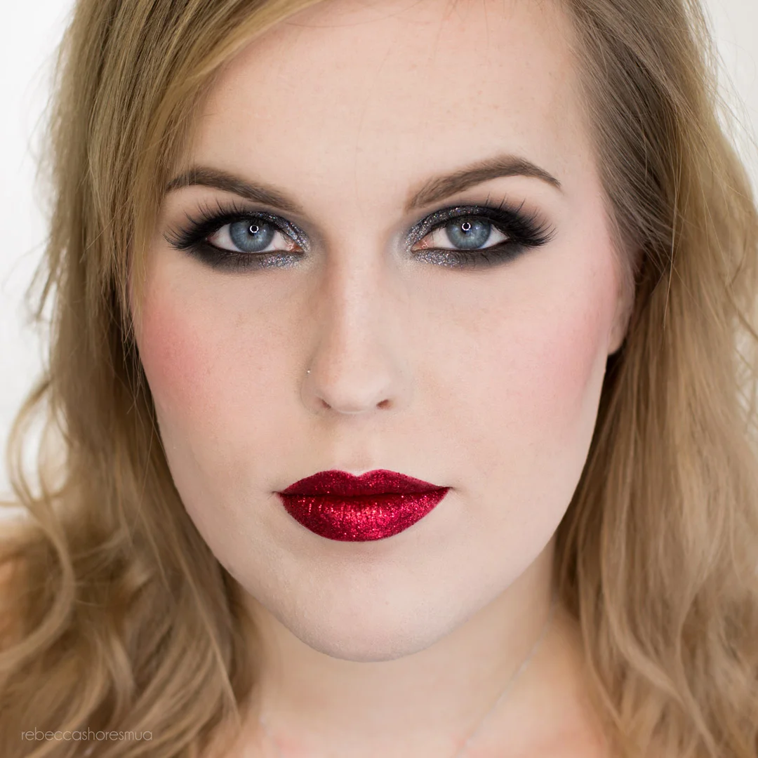 Glitter Smoky Eye with Red Glitter Lips Makeup Look