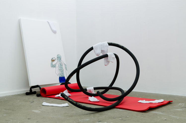 Alex Kiers, K-FLEX , acrylic on canvas, push up bars, yoga matt, k-flex rubber tubing, ankle socks, dimensions variable.