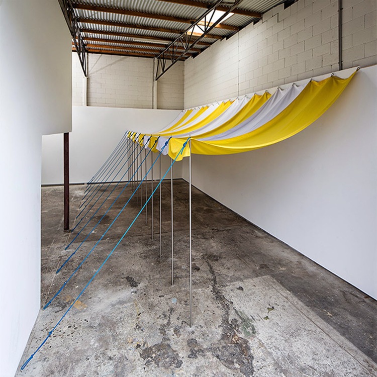 Marilyn Schneider and Bonita Bub, Leisure Kitsch, 2014, steel poles, marine rope, outdoor fabric, hooks and D rings, 10 x 4 x 3 metres.