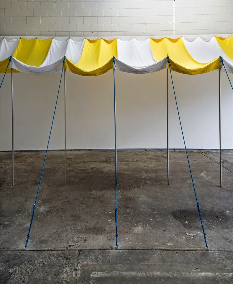 Marilyn Schneider and Bonita Bub, Leisure Kitsch, 2014, steel poles, marine rope, outdoor fabric, hooks and D rings, 10 x 4 x 3 metres.