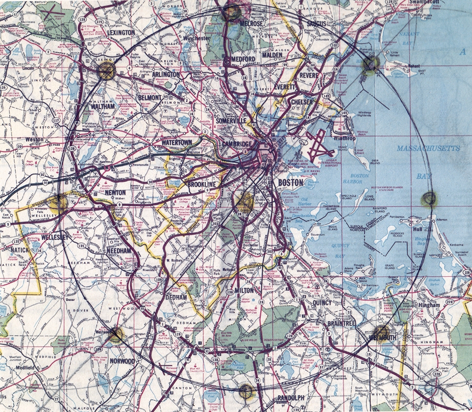 Original map, 10 mile points, 2000-01/2009 While living in Boston, MA, I measured a circle of 10-mile points from my home. I found these sites with a GPS and made an panorama at the exact coordinate of each cardinal direction. This type of wor