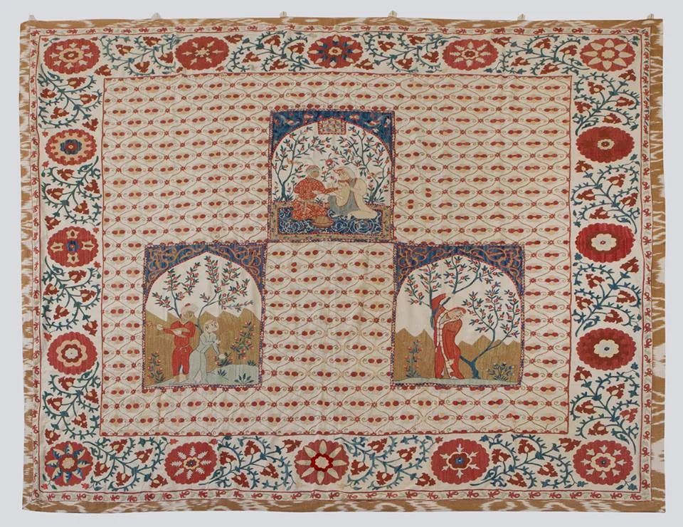 Large Suzani with Persian Miniature Paradise Garden Scenes / ±190 x 230 cm