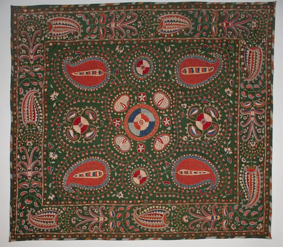 Large Green Silk Shakhrisabz Suzani lined with Ikat / Available