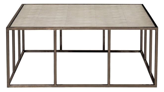 The striking Vista Cocktail table with the Fog Shagreen top and Bronzed metal base will anchor the center of the room with its dominant 44" x 44" x 18" dimensions. 
