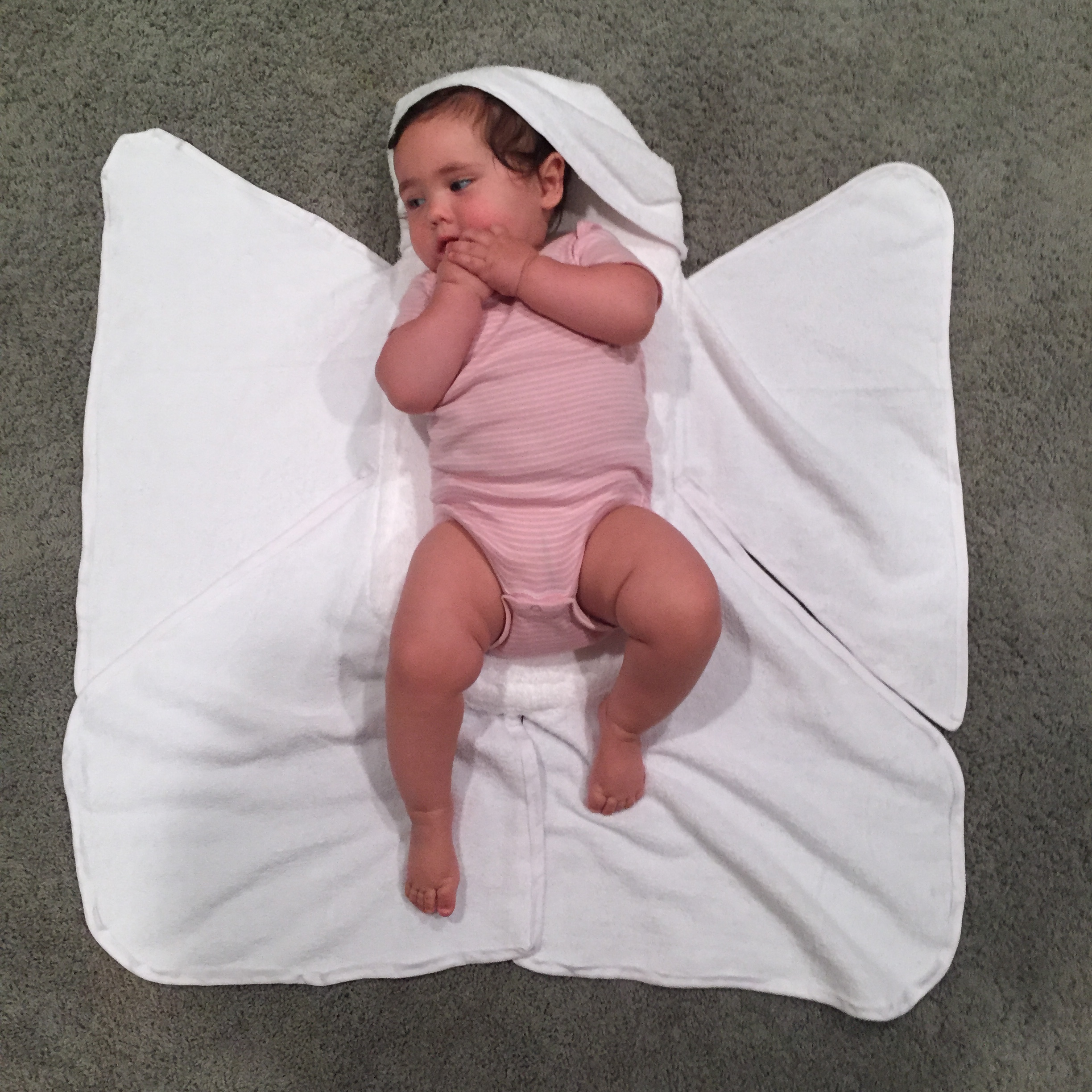 Marlo modeling the second homemade Snow Angel prototype I created. This version didn't have an adjustable hood. That feature was designed to make it appropriate for younger, smaller babies. Marlo was just under 9 months old when this was taken.