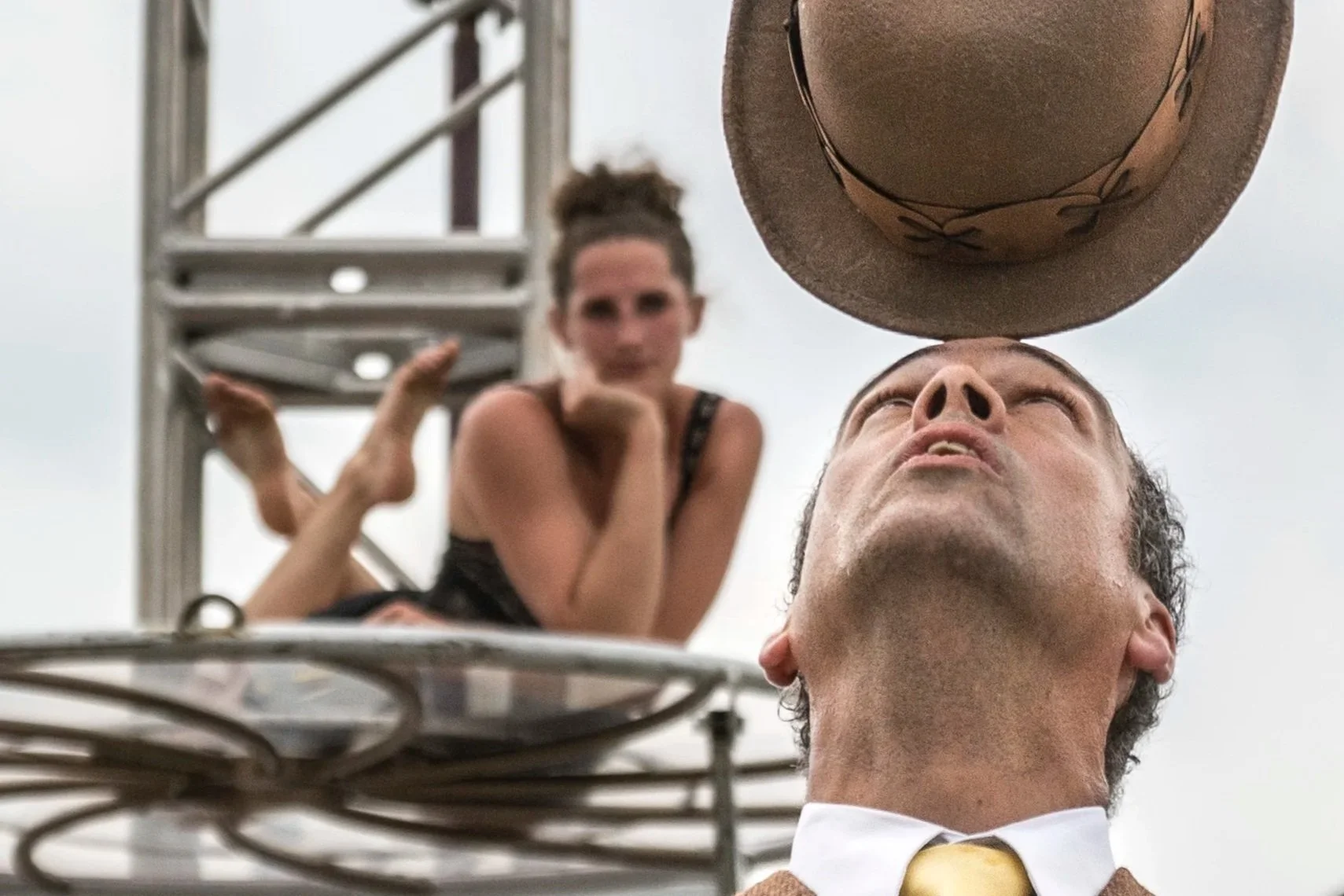  Steven Ragatz, of Bloomington Ind., balances his hat on top of his head during his routine. He performs with The Gantry Show multiple times during the day for the entire duration on the fair. 