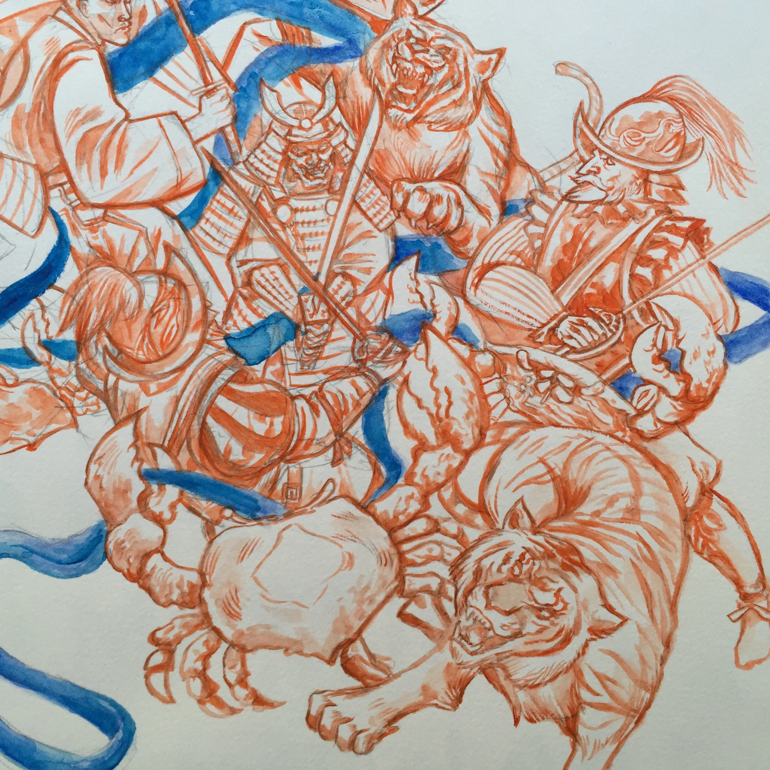 WIP sample of "The skirmish" watercolor on paper, 2015 copyright Kai Martin Art
