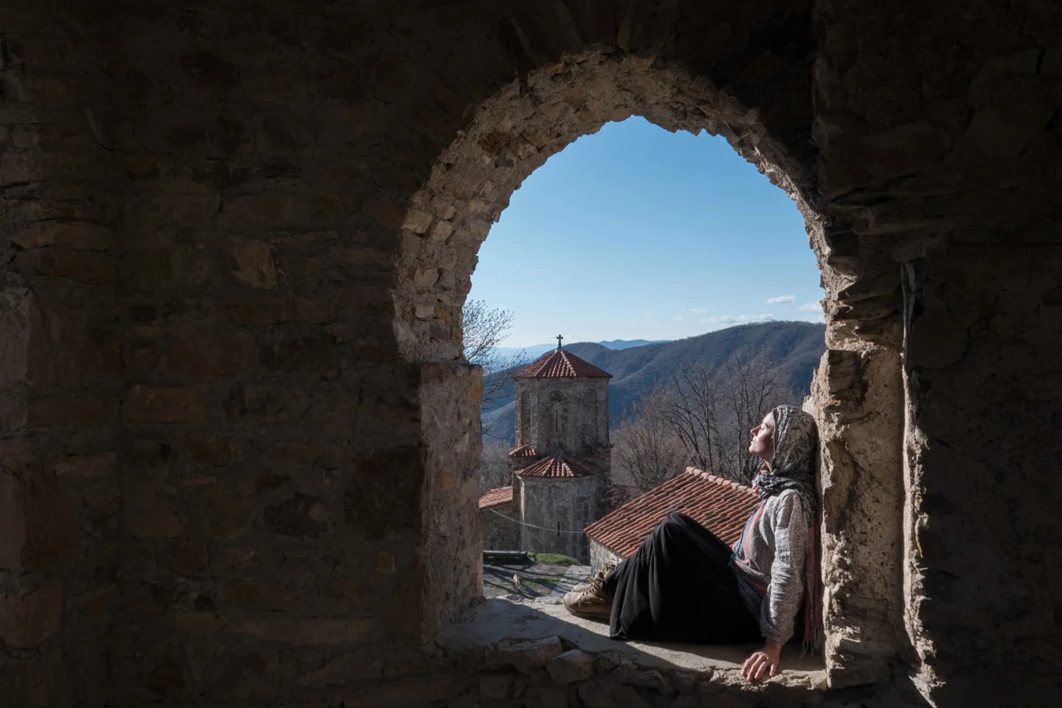 Enjoying sunshine and culture at a Monastery in the mountains.