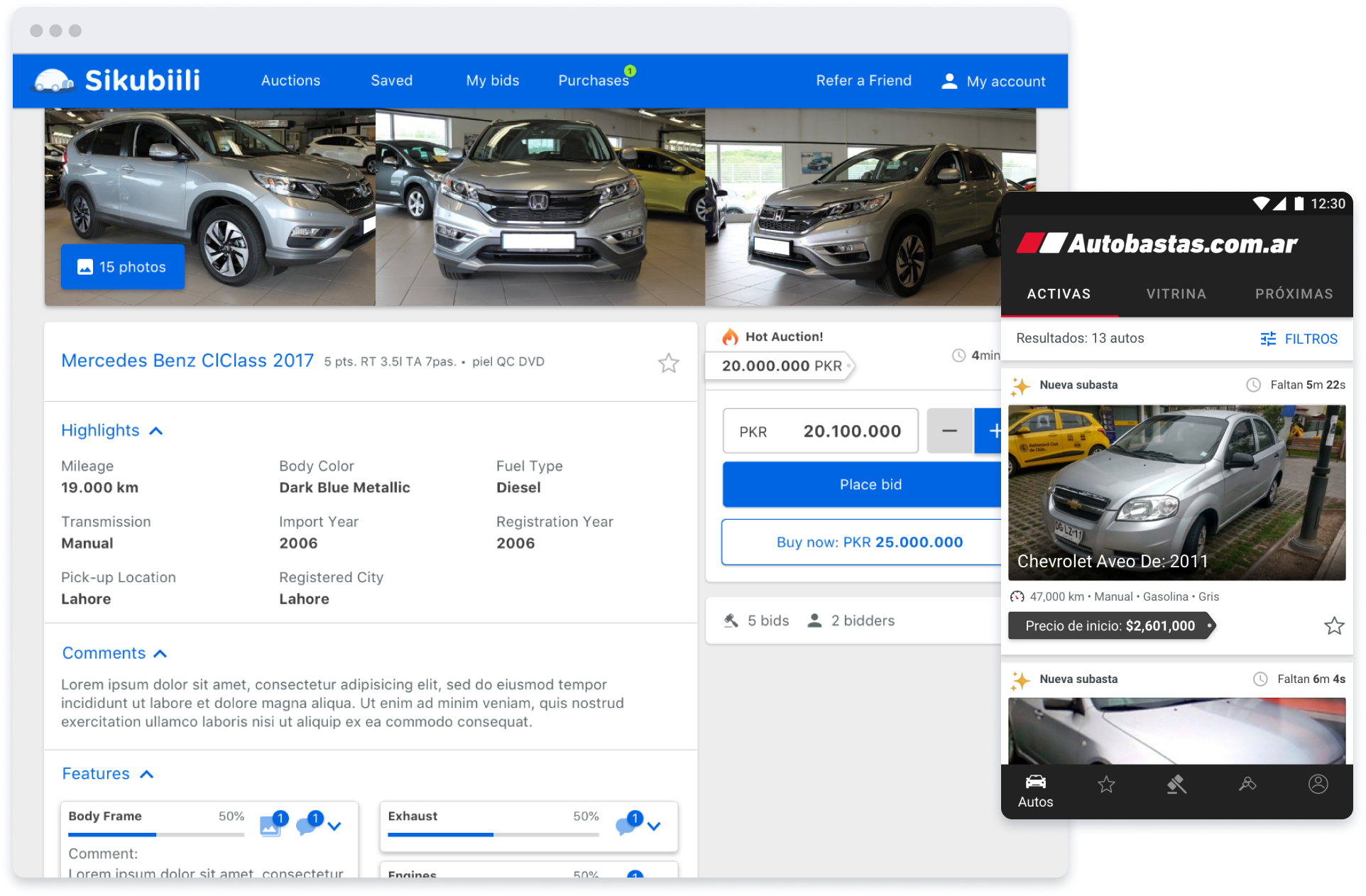 “Detail view” of an auction for desktop web and the “Active auction”-list on android