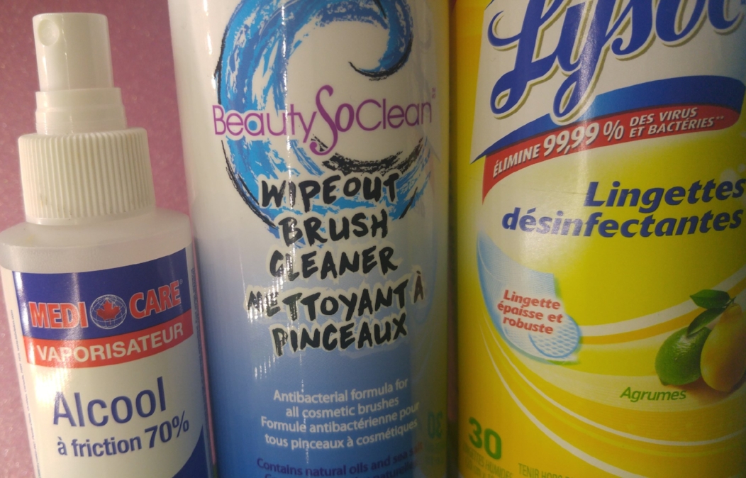 70% Alcohol, the best type of alcohol for disinfecting. BeautySoClean wipeout brush cleaner - a great antibacterial brush cleanser (they also make amazing cosmetic sanitizing spray) Lysol disinfecting wipes for wiping down palettes & tools.