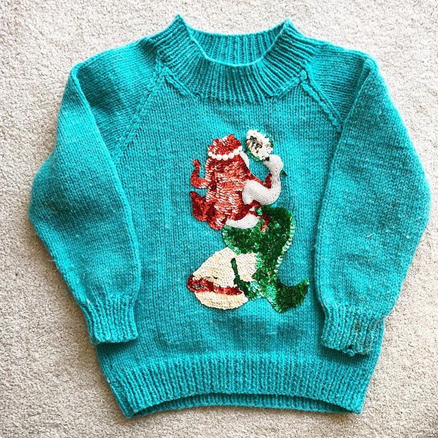 Cleaning my room out at my mom&rsquo;s and stumbled across this - my grandma knit me this sweet little sweater (Ariel was my fave) 😭💕🧜&zwj;♀️