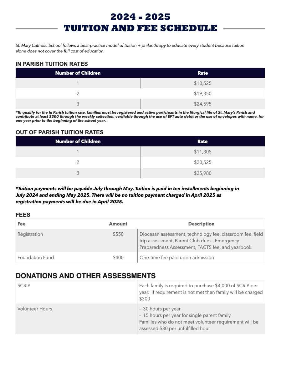 St. Mary of the Immaculate Conception School — Tuition Information