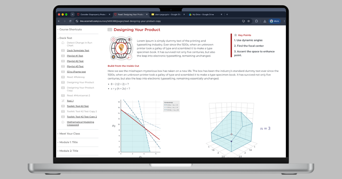 Laptop displaying eCornell online course page with product design content, key points, and 2D and 3D mathematical optimization diagrams