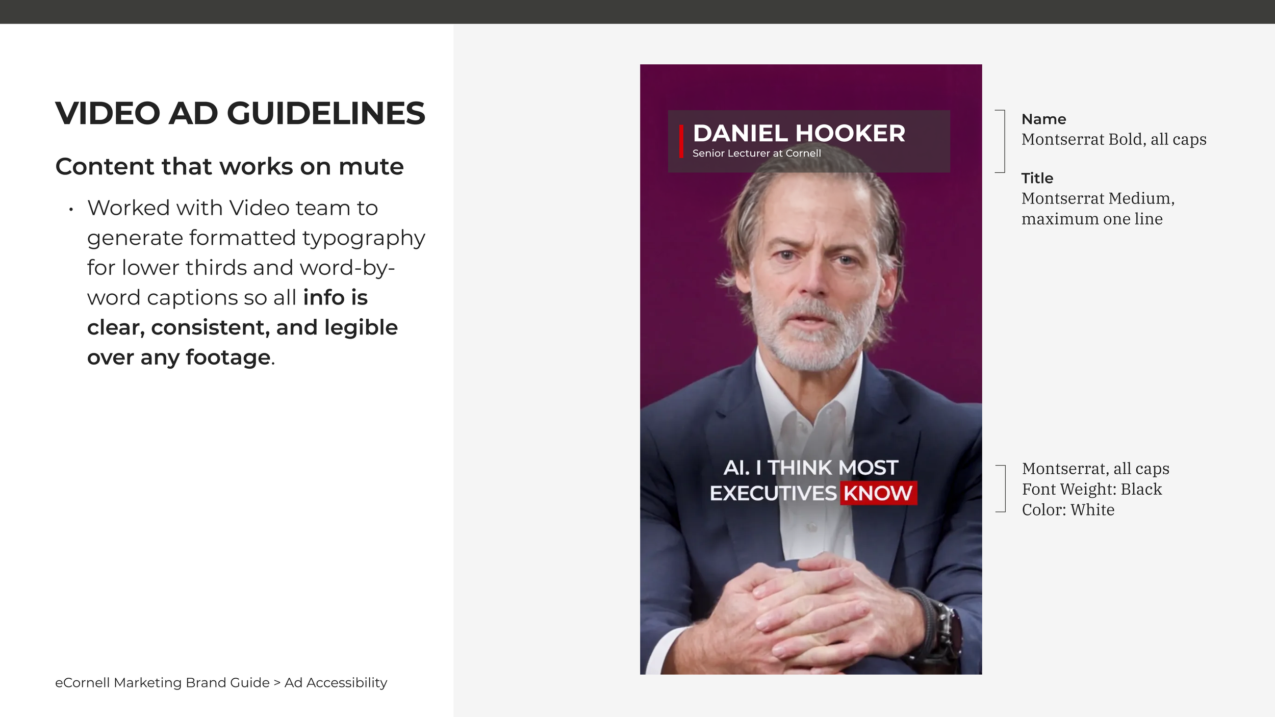 Video caption formatting for best accessibility usage in eCornell marketing assets