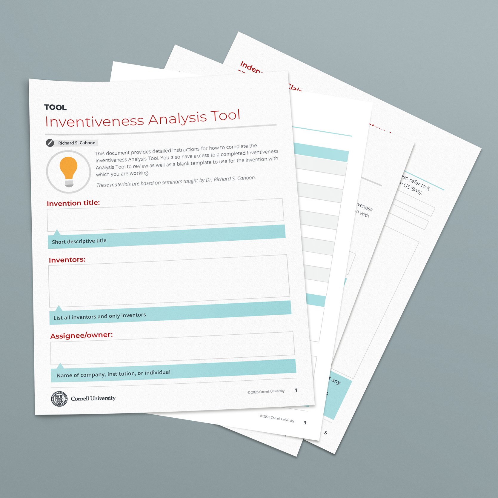 Inventiveness Analysis Tool template displayed on stacked documents, featuring fields for invention title, inventors, and assignee or owner