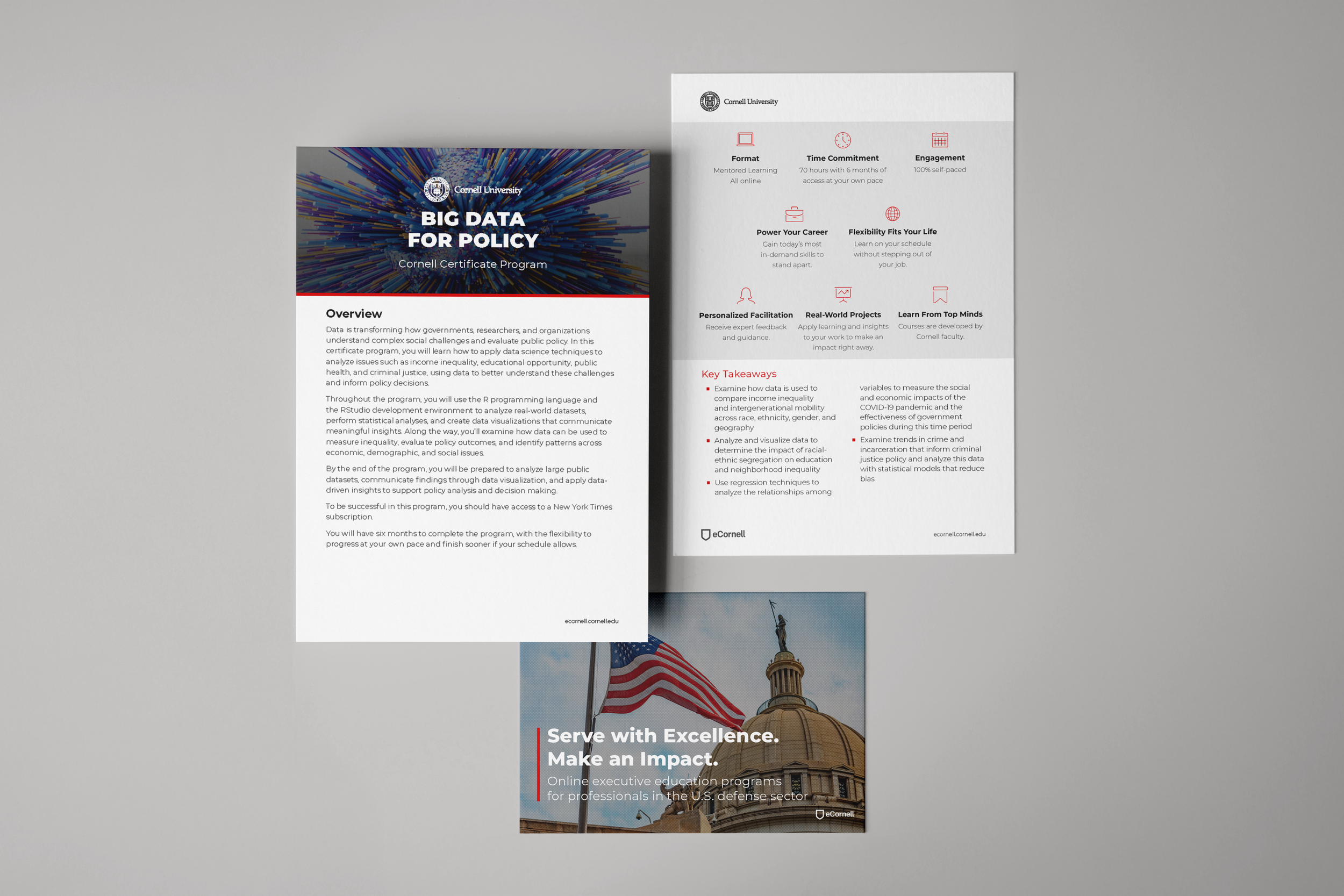 eCornell marketing collateral featuring a Big Data for Policy certificate brochure, online learning program benefits, and executive education for U.S. defense professionals