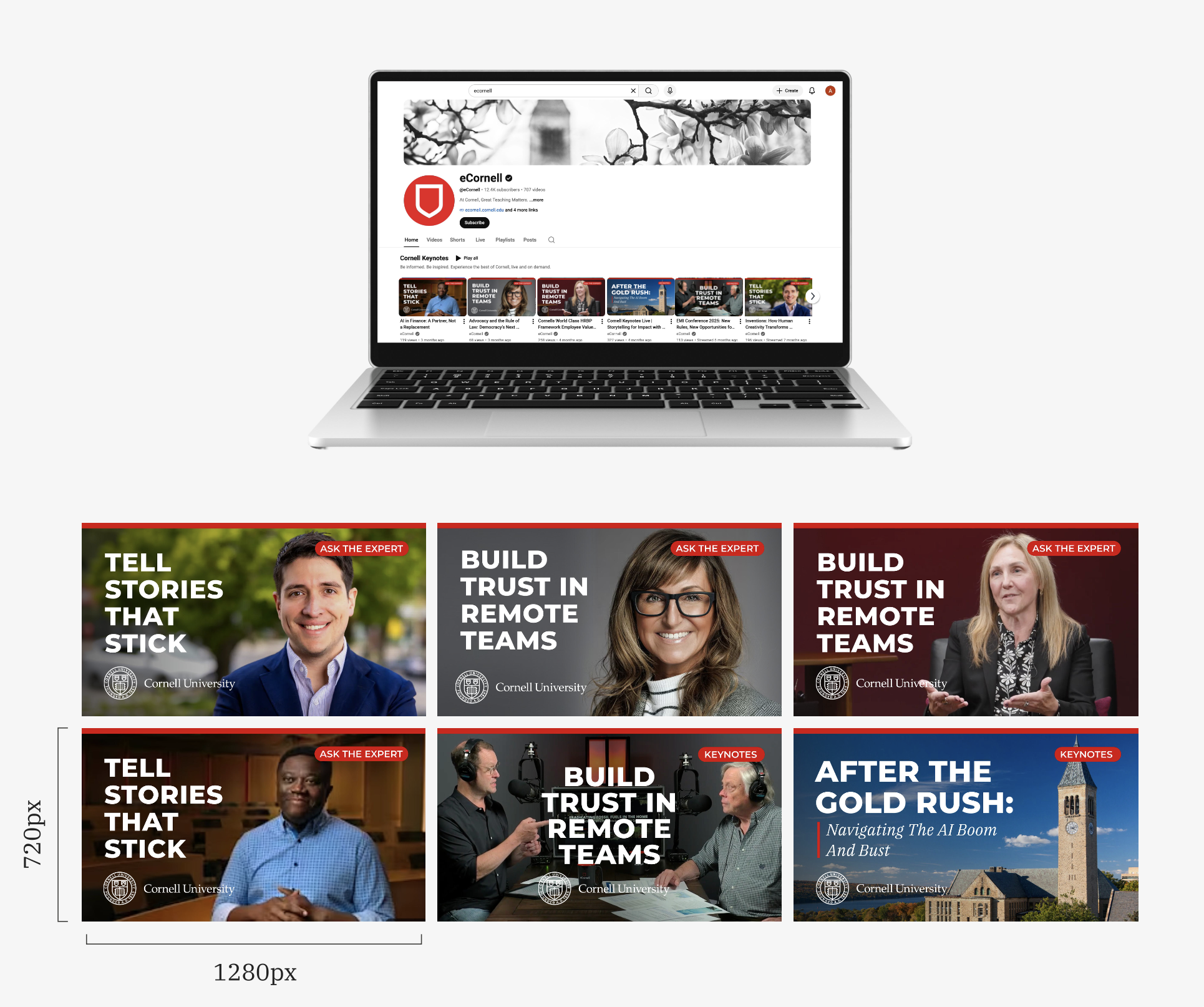 eCornell YouTube channel displayed on a laptop, with video thumbnails 