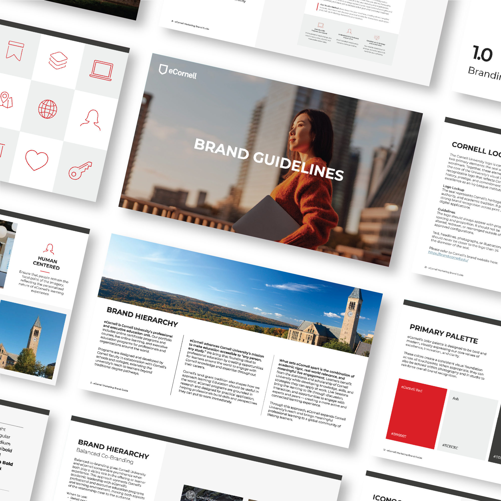 eCornell brand guidelines displayed across a collection of marketing materials, featuring brand identity standards, Cornell University campus photography, color palettes, iconography, and visual design elements.