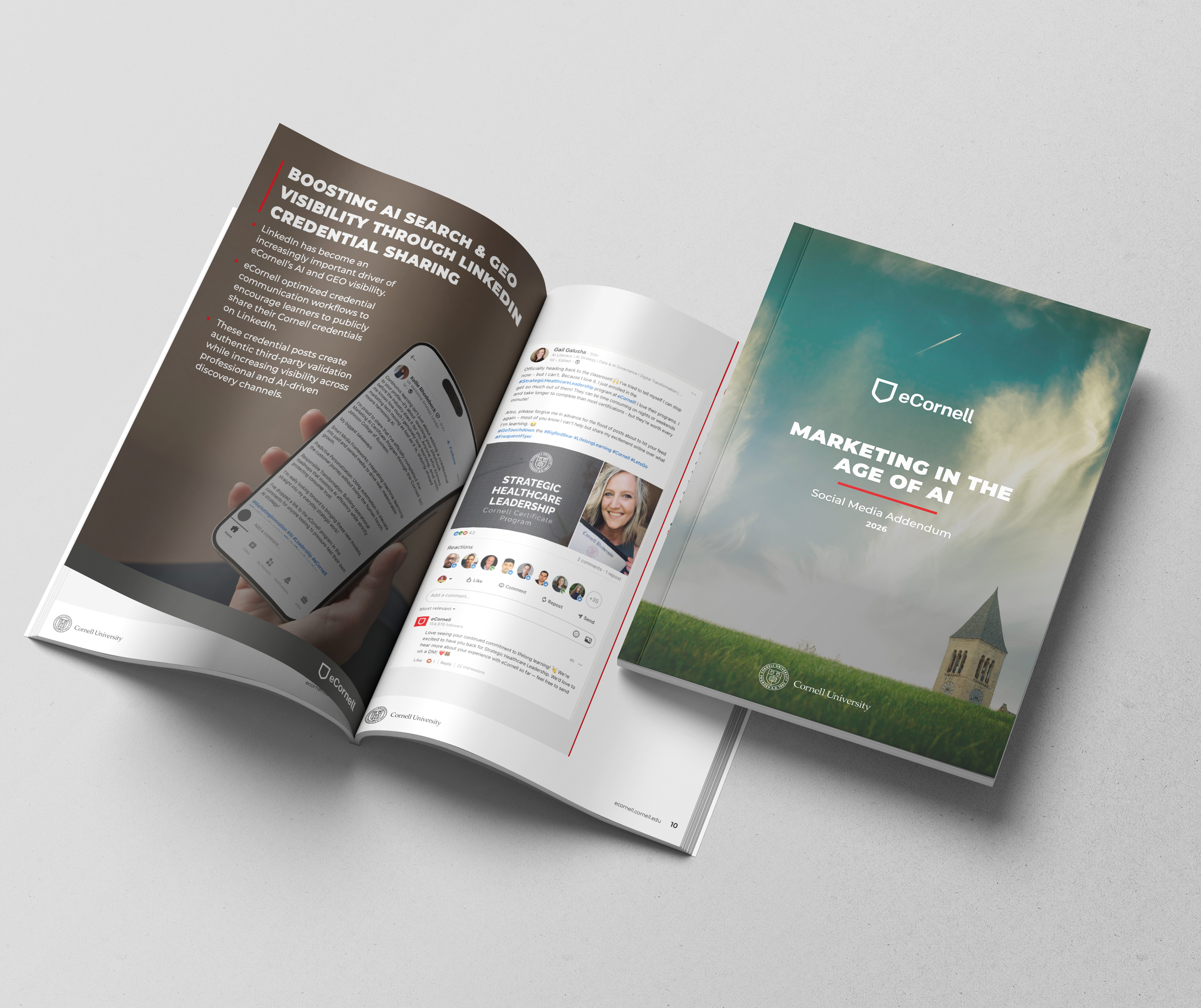 eCornell “Marketing in the Age of AI” 2026 social media addendum brochure featuring LinkedIn marketing strategies and AI-driven SEO