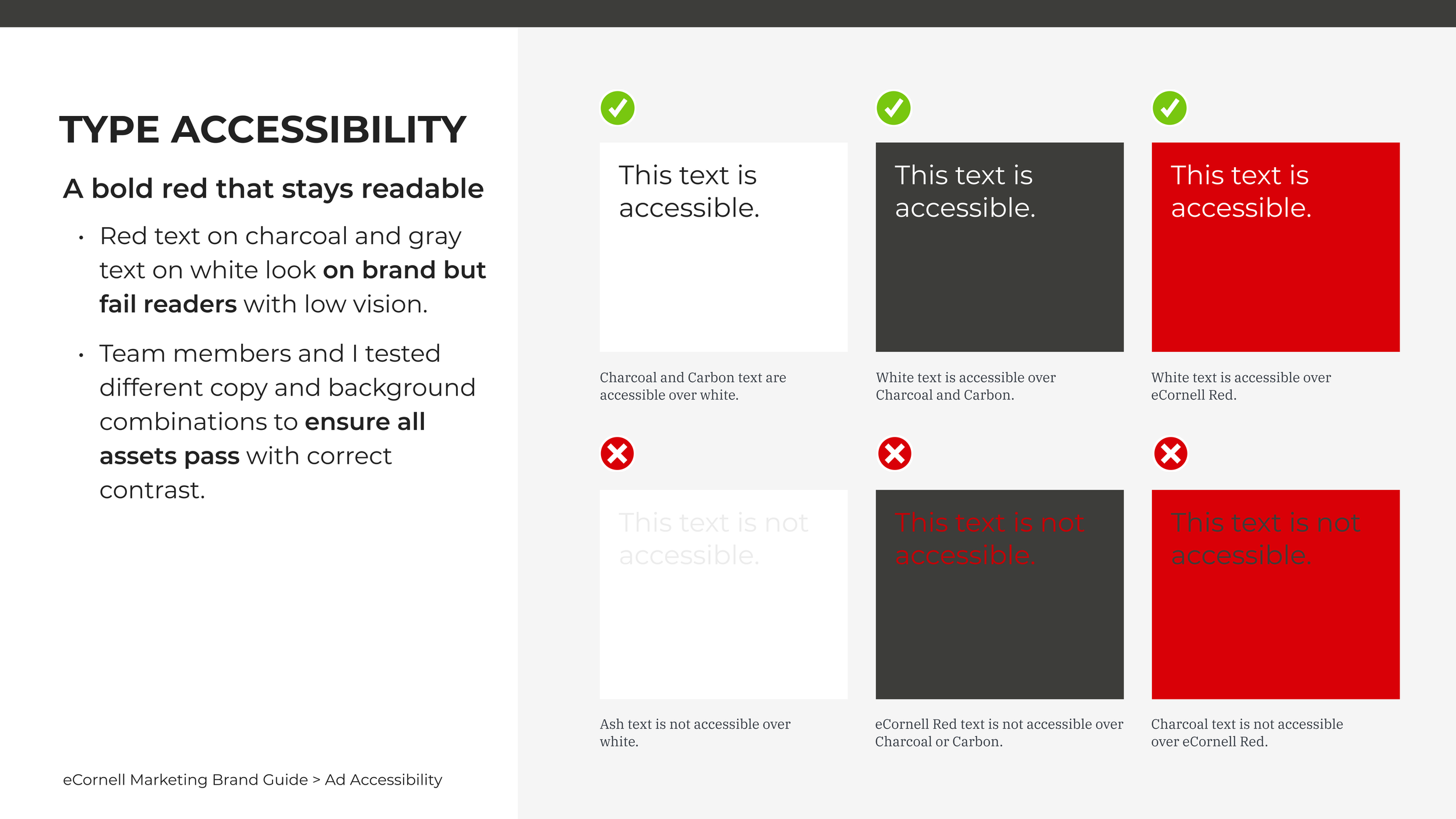 Color type options for best accessibility usage in eCornell marketing assets