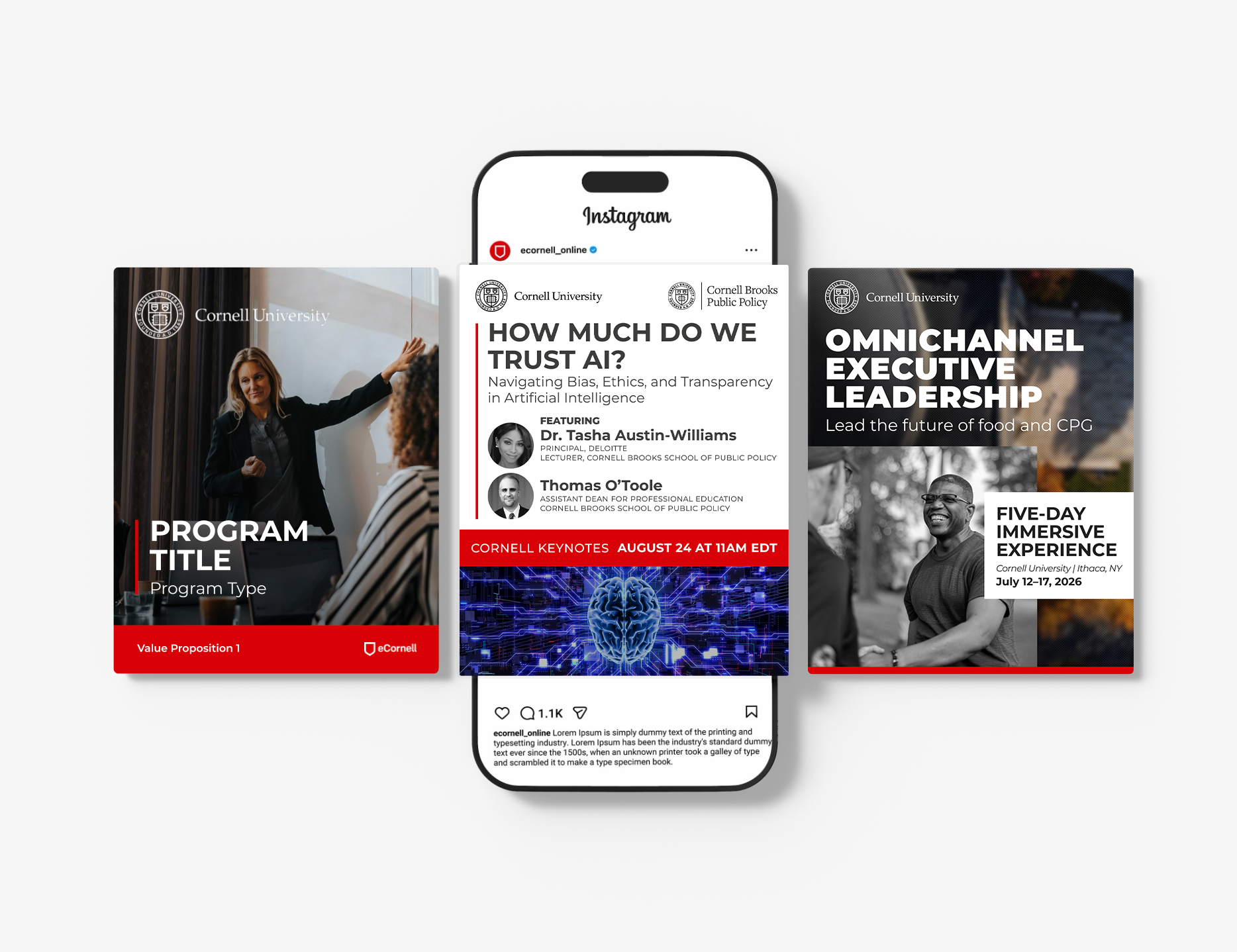 eCornell social media mockup featuring Instagram posts promoting AI ethics keynotes, executive leadership programs, and immersive learning experiences