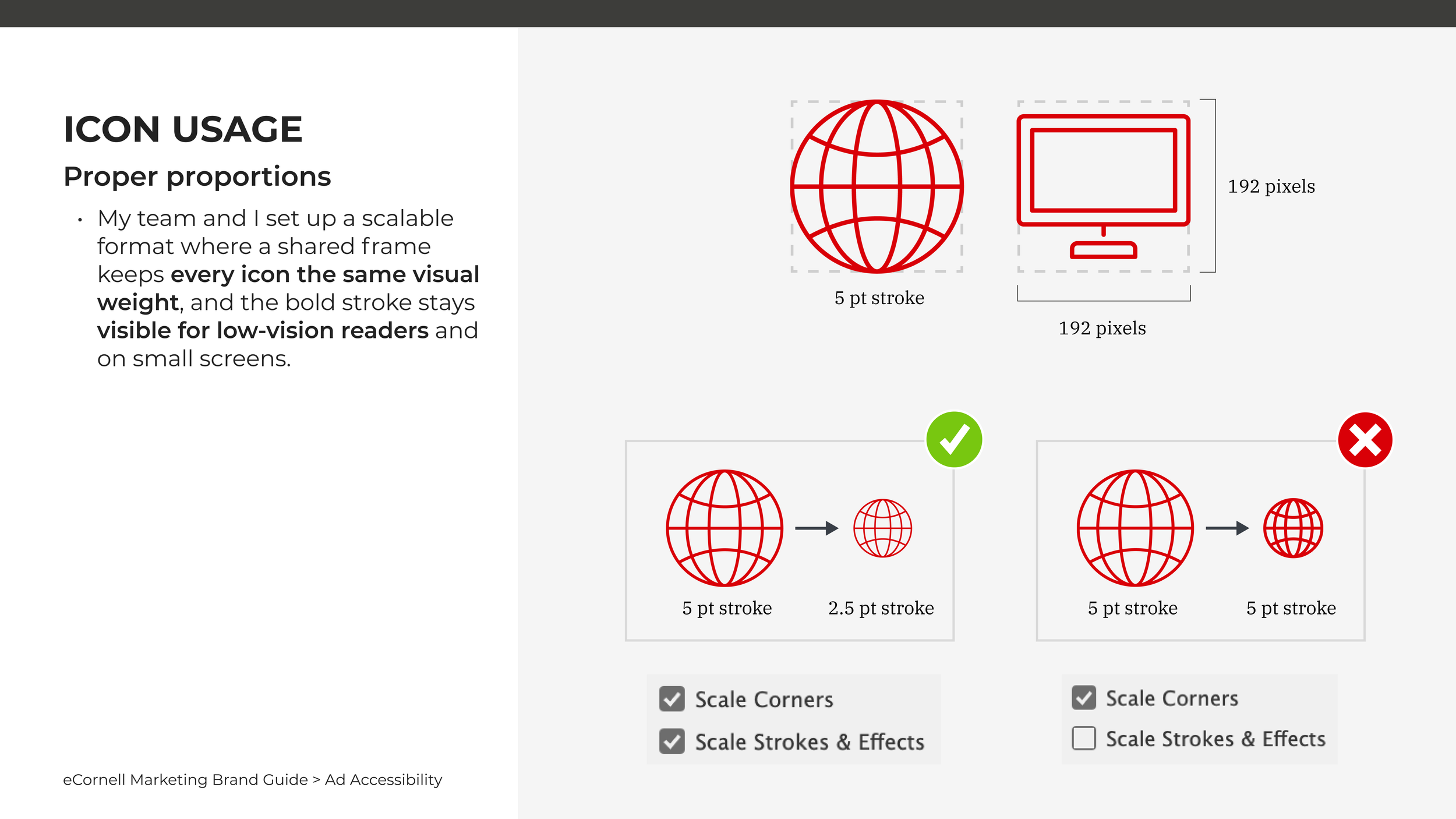 Icon usage proportions for exact frames in eCornell marketing assets