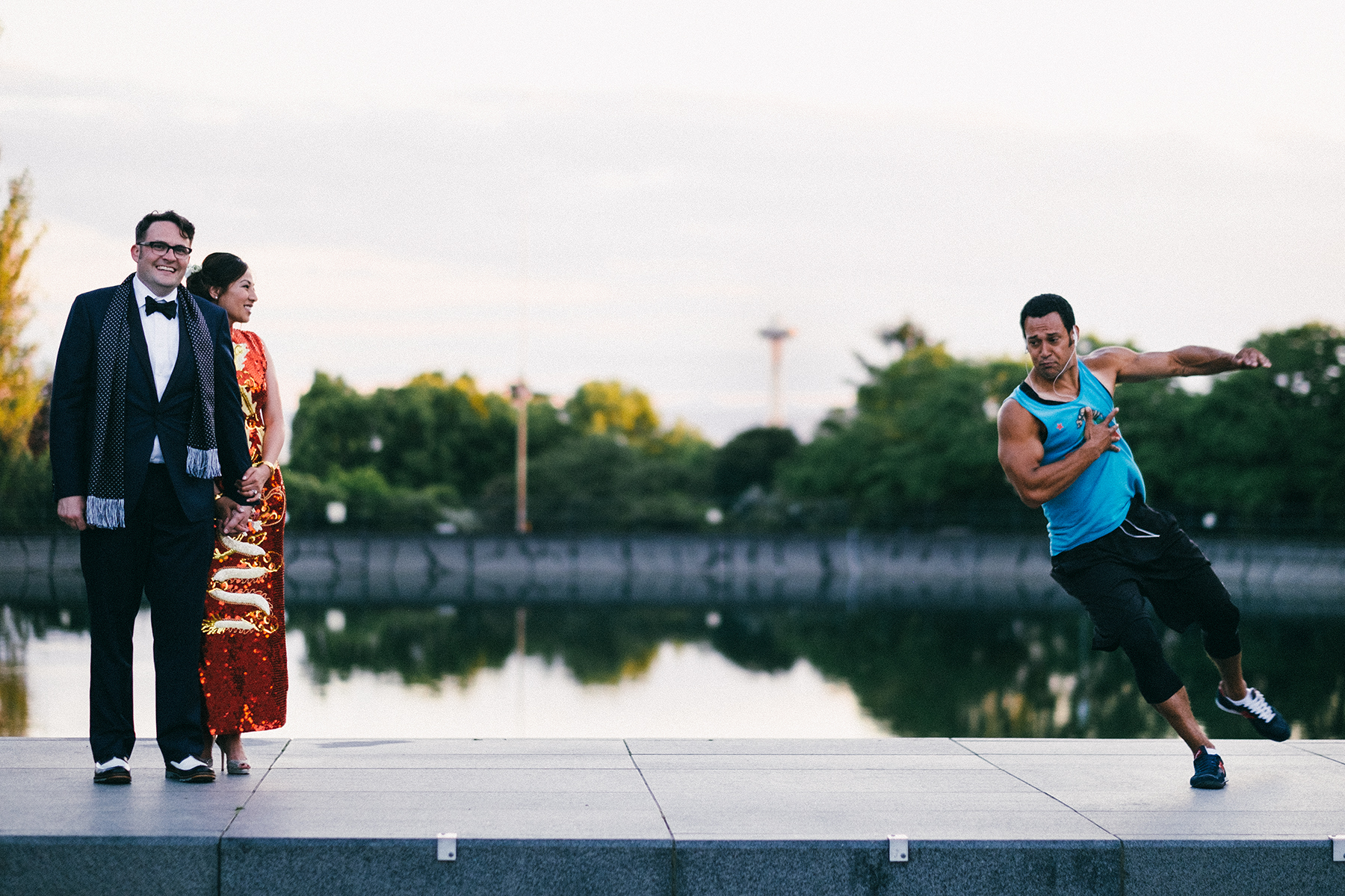 Eric and Amanda at the Seattle Asian Art Museum with random exerciser. May 29, 2016